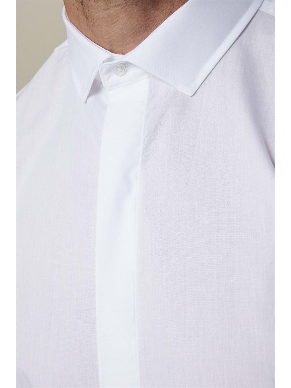 Slim Fit Uzun Kol Gizli Pat %100 Pamuk Poplin Düz Beyaz Gömlek-3