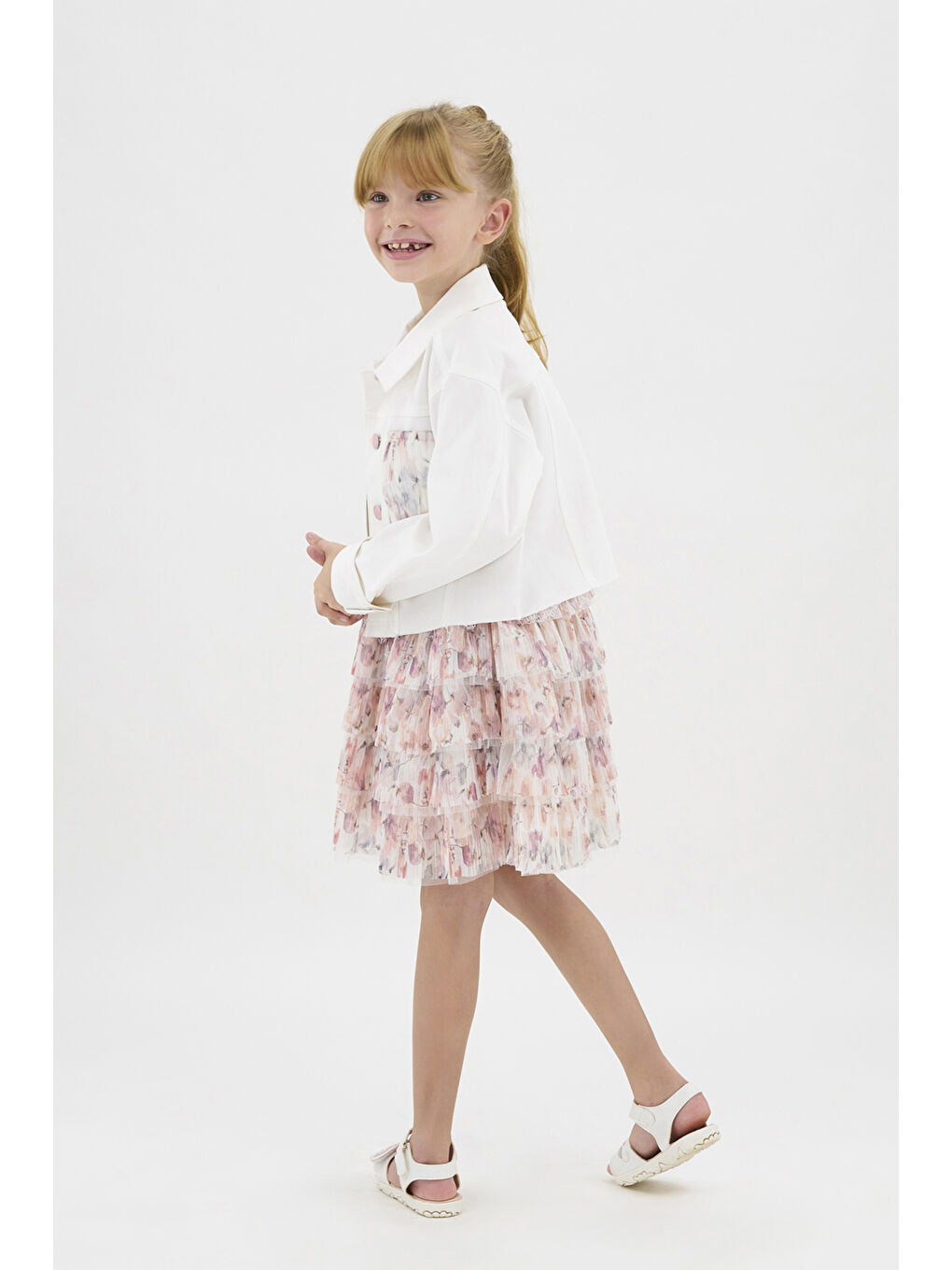 Kız Çocuk Cebi Tül Detaylı Ekru Ceket-2