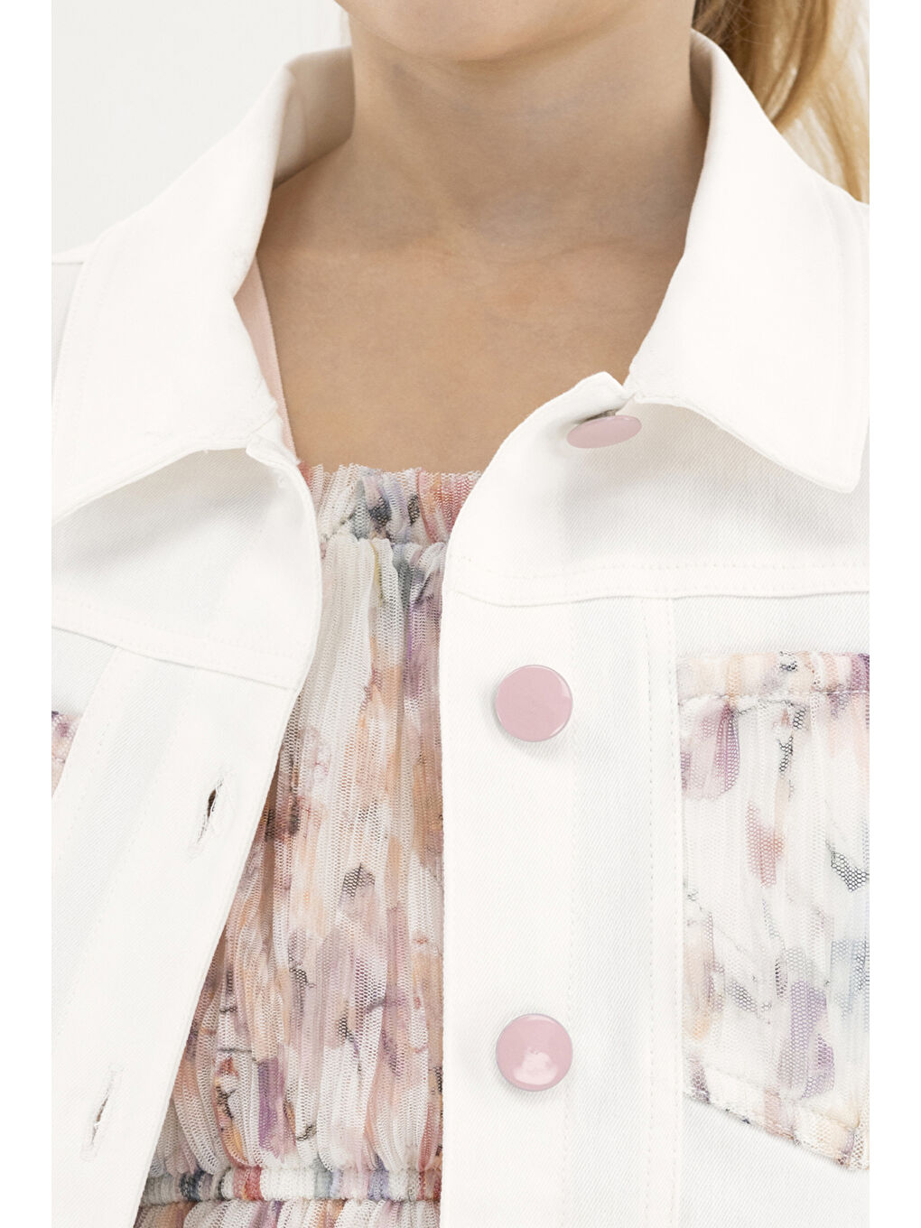 Kız Çocuk Cebi Tül Detaylı Ekru Ceket-3