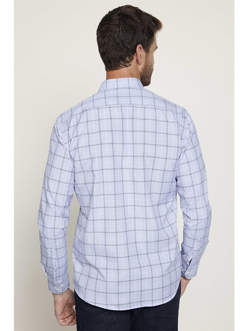 Klasik Fit Düğmeli Yaka Küçük Kareli Pamuklu Erkek Mavi Gömlek-4