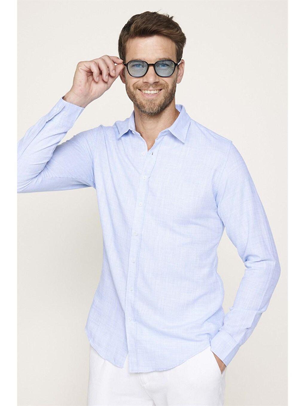 Slim Fit Pamuklu Keten Düz Yazlık Erkek Mavi Gömlek