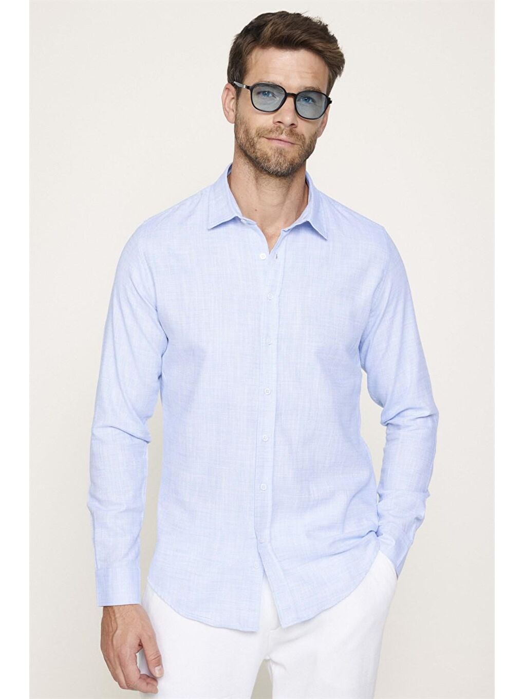 Slim Fit Pamuklu Keten Düz Yazlık Erkek Mavi Gömlek-1