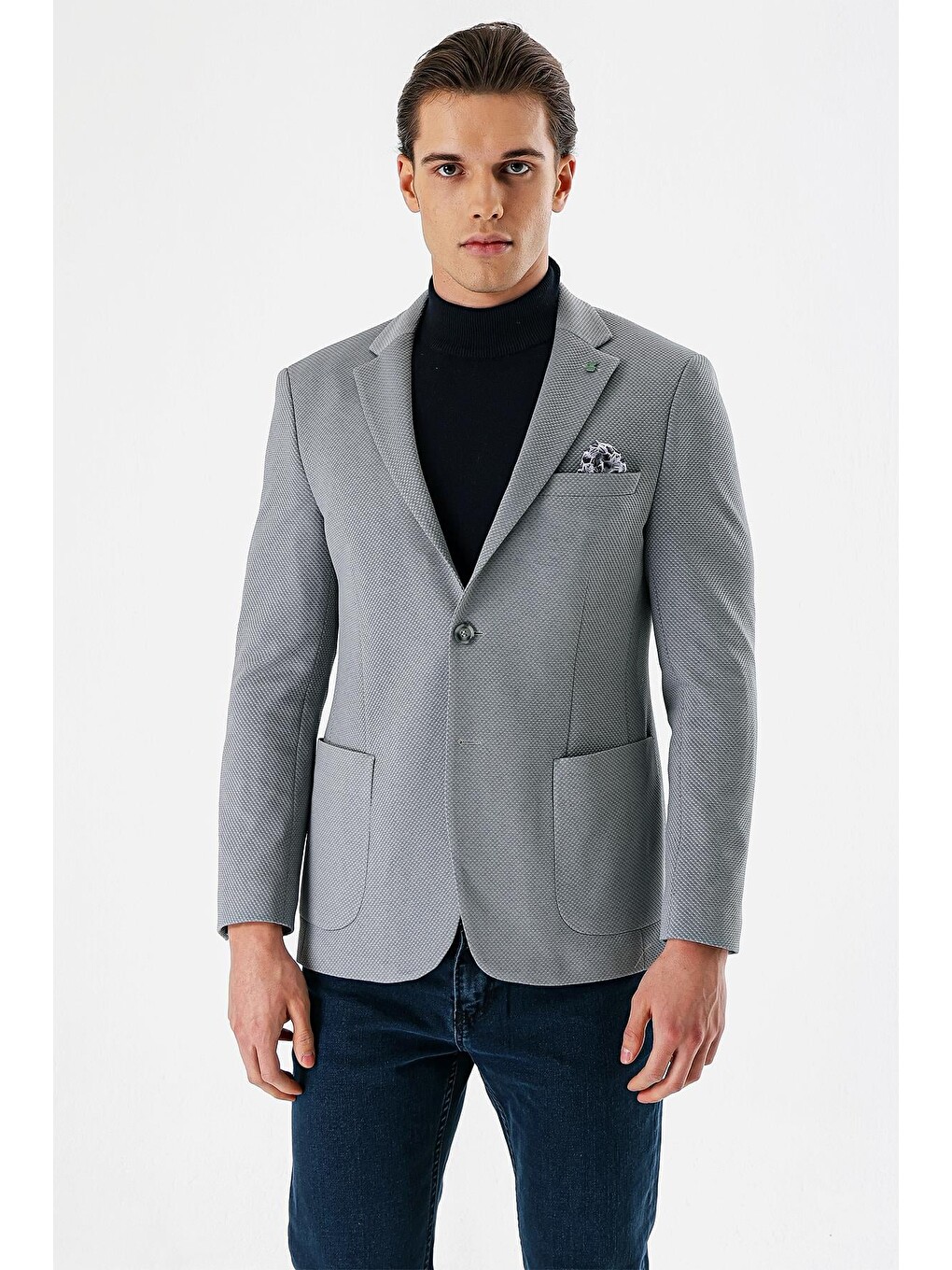 Gri Desenli Mono Yaka Astarlı Çift Yırtmaç 6 Drop Slim Fit Dar Kesim Klasik Ceket 1002240150