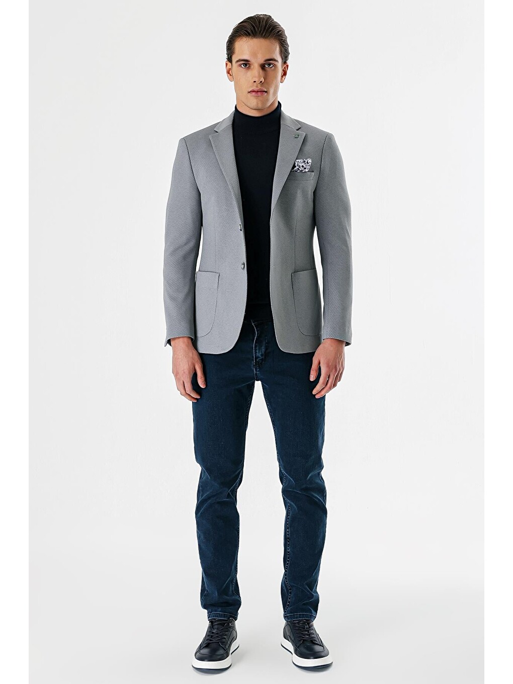 Gri Desenli Mono Yaka Astarlı Çift Yırtmaç 6 Drop Slim Fit Dar Kesim Klasik Ceket 1002240150-1