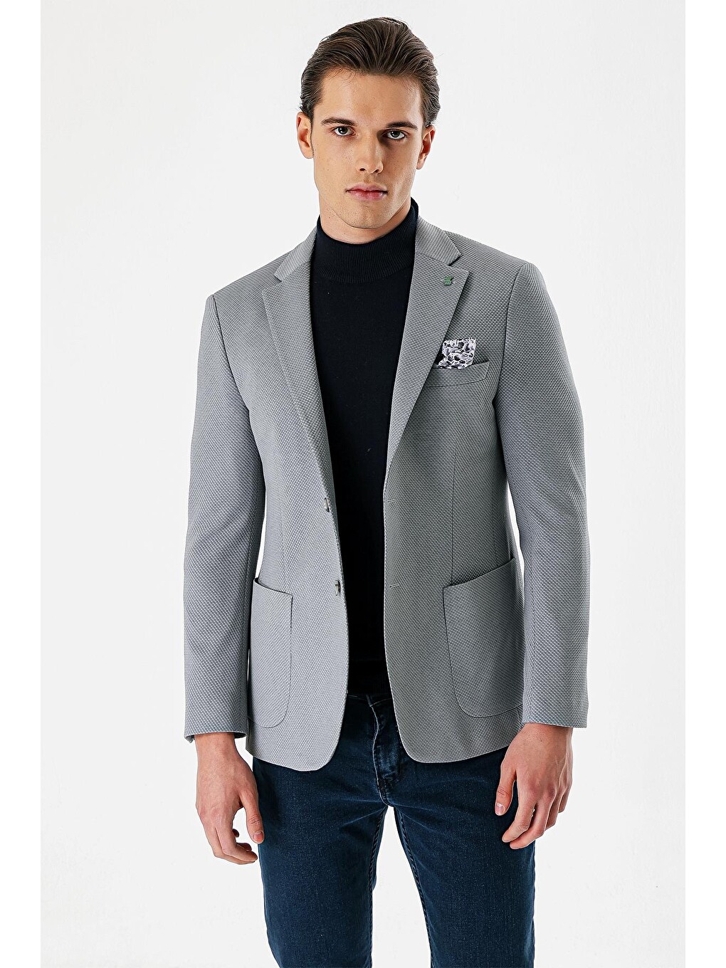 Gri Desenli Mono Yaka Astarlı Çift Yırtmaç 6 Drop Slim Fit Dar Kesim Klasik Ceket 1002240150-2