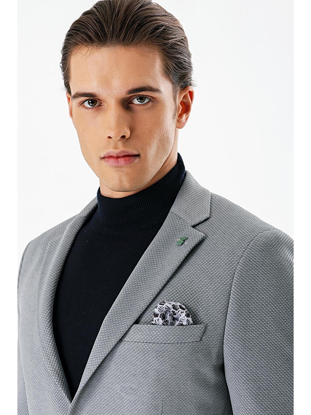 Gri Desenli Mono Yaka Astarlı Çift Yırtmaç 6 Drop Slim Fit Dar Kesim Klasik Ceket 1002240150-3