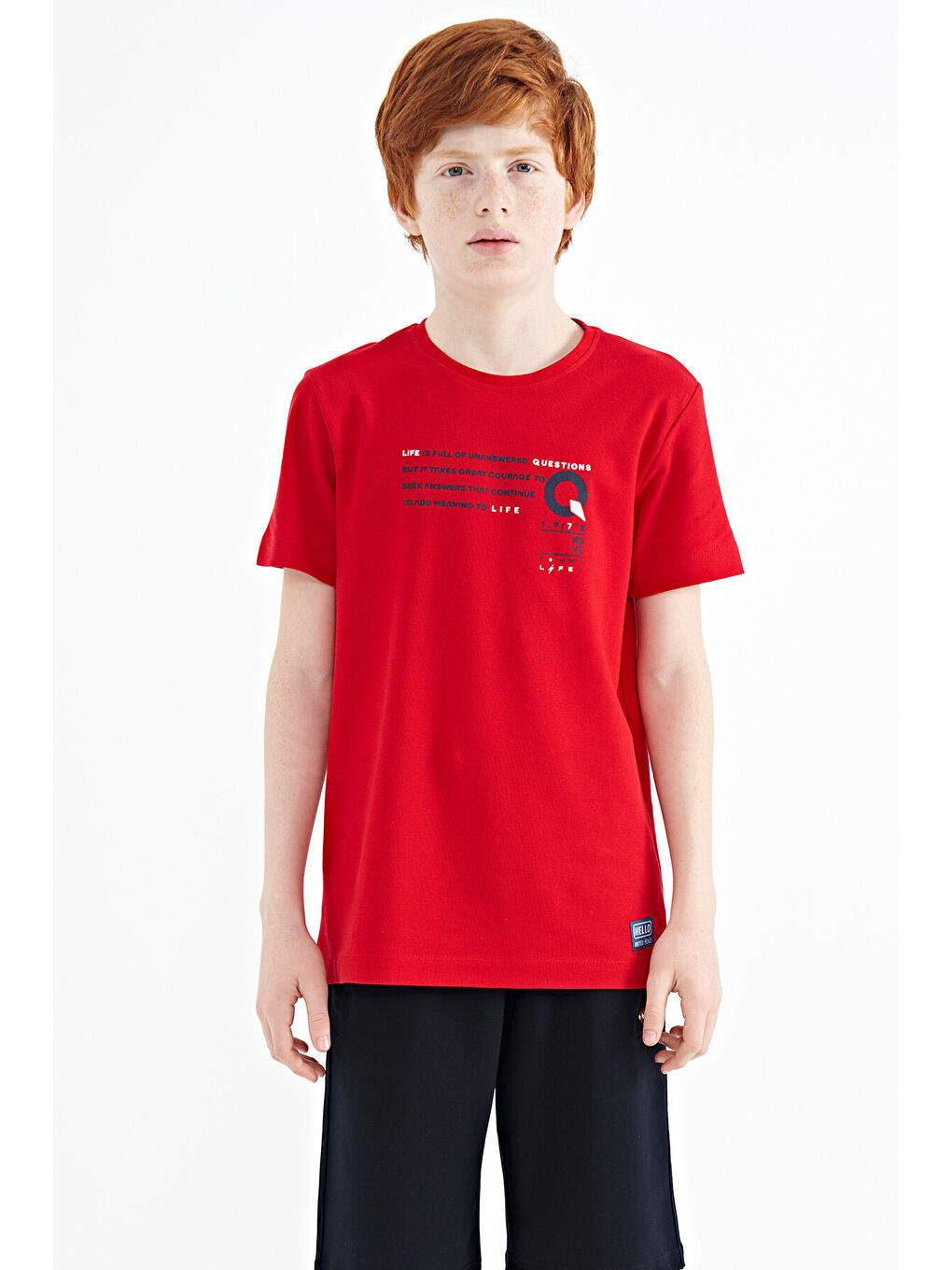 Kırmızı Baskı Detaylı O Yaka Standart Kalıp Erkek Çocuk Tişört - 11145