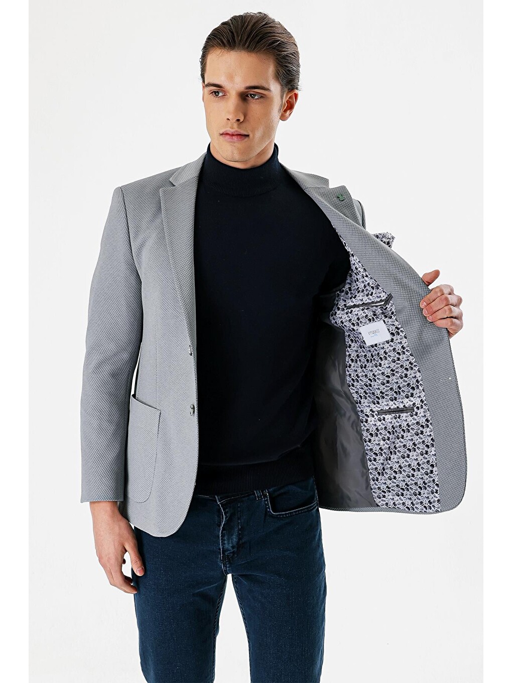 Gri Desenli Mono Yaka Astarlı Çift Yırtmaç 6 Drop Slim Fit Dar Kesim Klasik Ceket 1002240150-4