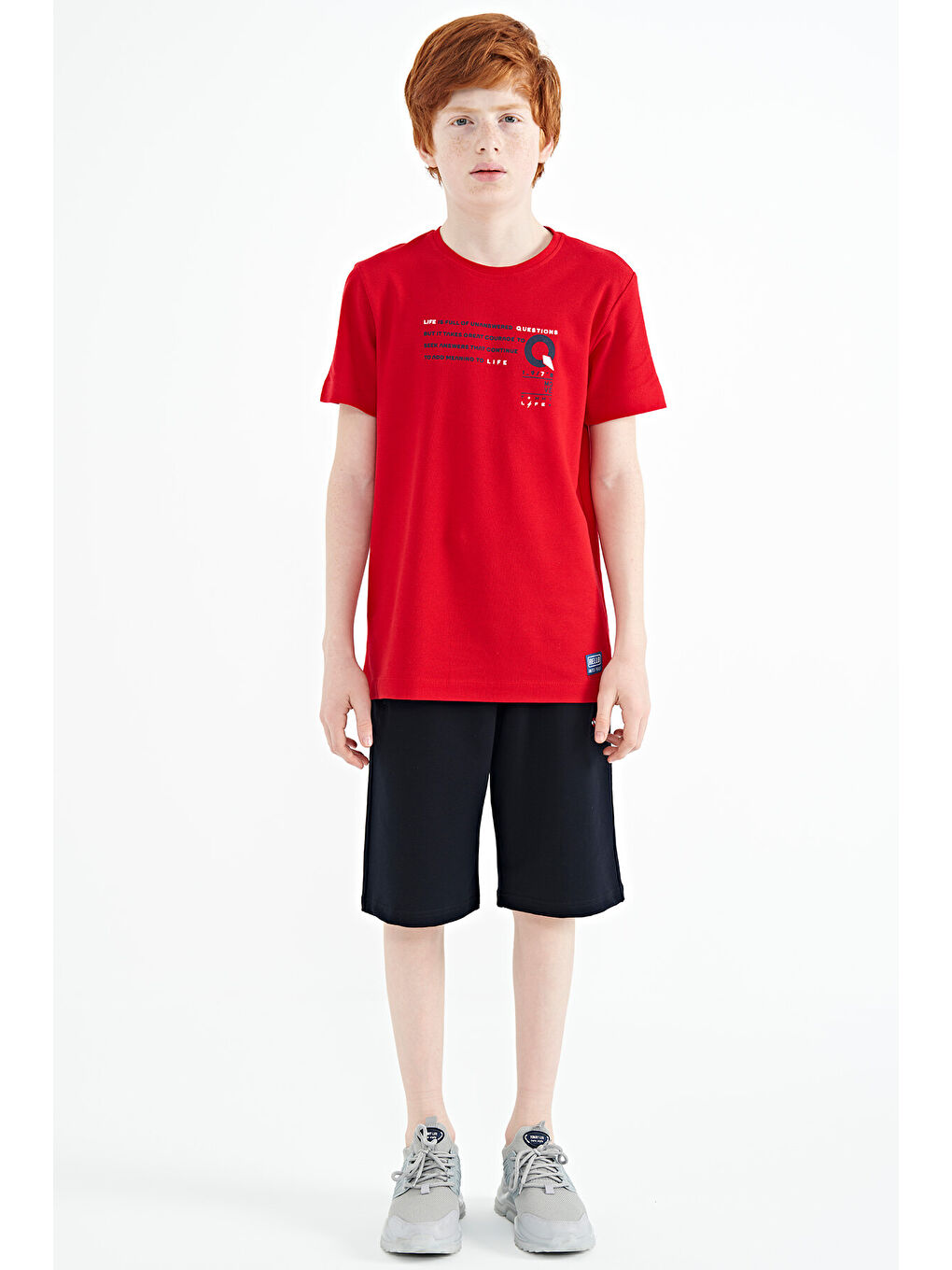 Kırmızı Baskı Detaylı O Yaka Standart Kalıp Erkek Çocuk Tişört - 11145-1