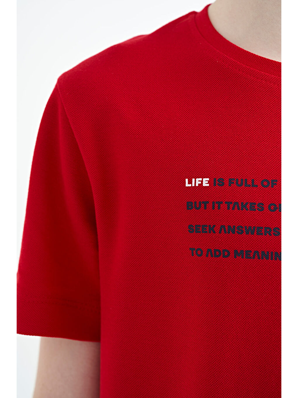 Kırmızı Baskı Detaylı O Yaka Standart Kalıp Erkek Çocuk Tişört - 11145-4