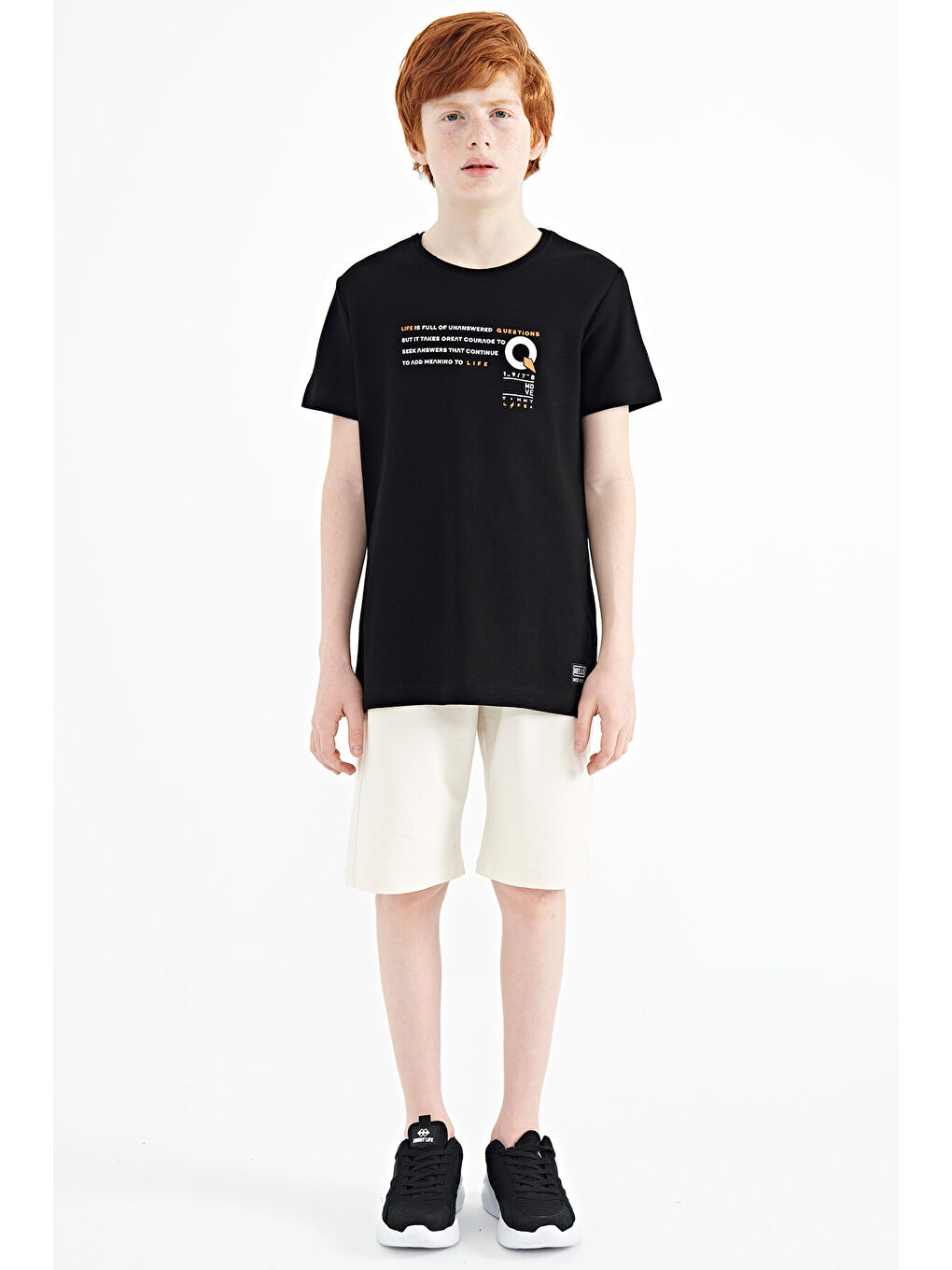 Siyah Baskı Detaylı O Yaka Standart Kalıp Erkek Çocuk Tişört - 11145-1