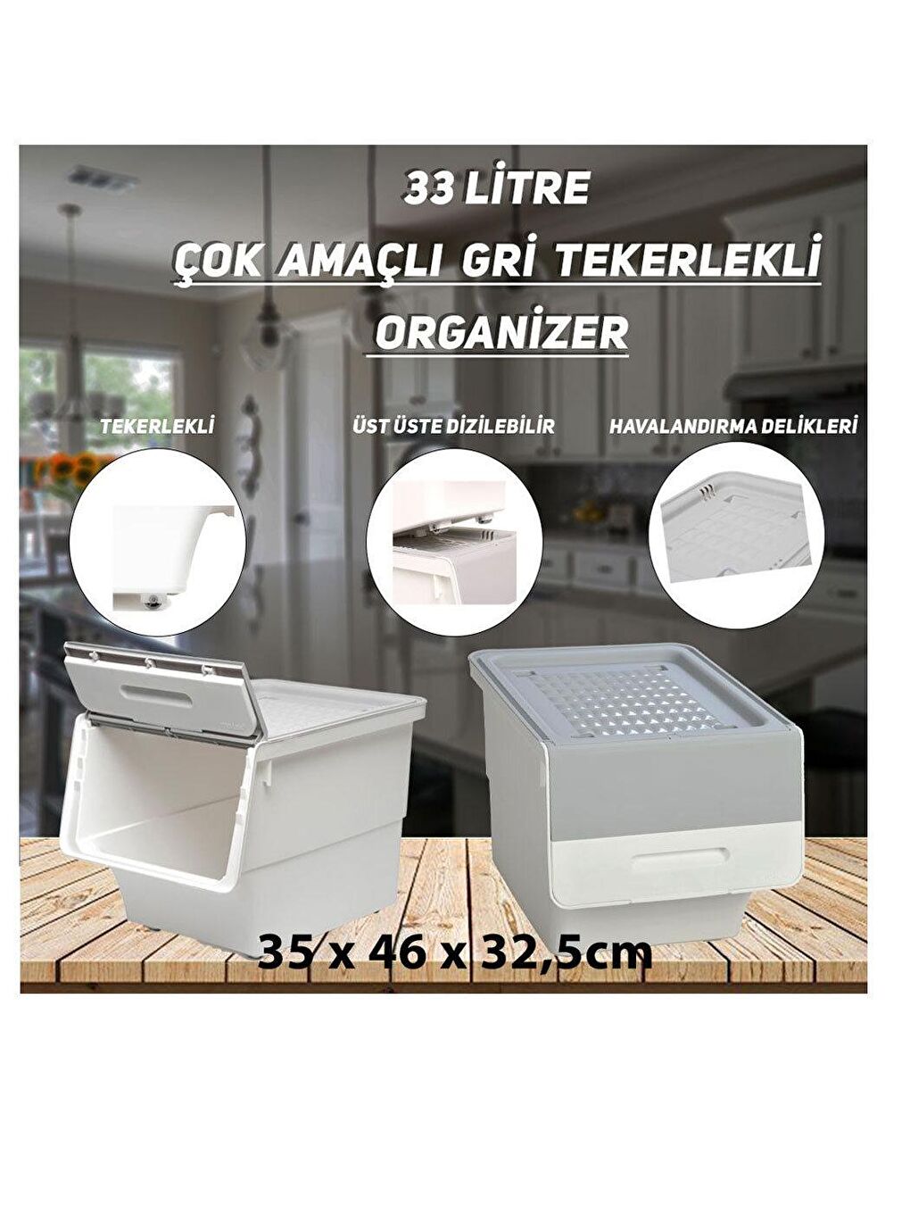 Motek Beyaz-Gri 33 Litre Gri Jumbo Boy Tekli Organizer