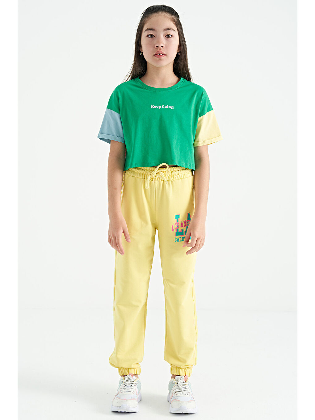 Sarı Limon Yazı Nakışlı Standart Kalıp Jogger Kız Çocuk Eşofman Alt - 75120