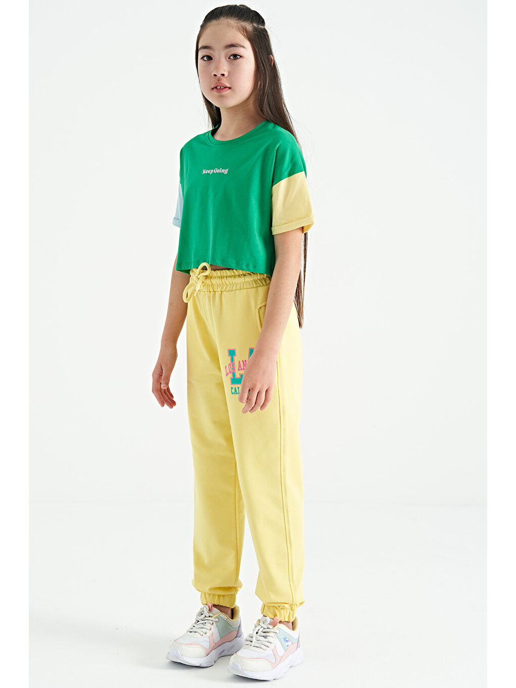 Sarı Limon Yazı Nakışlı Standart Kalıp Jogger Kız Çocuk Eşofman Alt - 75120-2