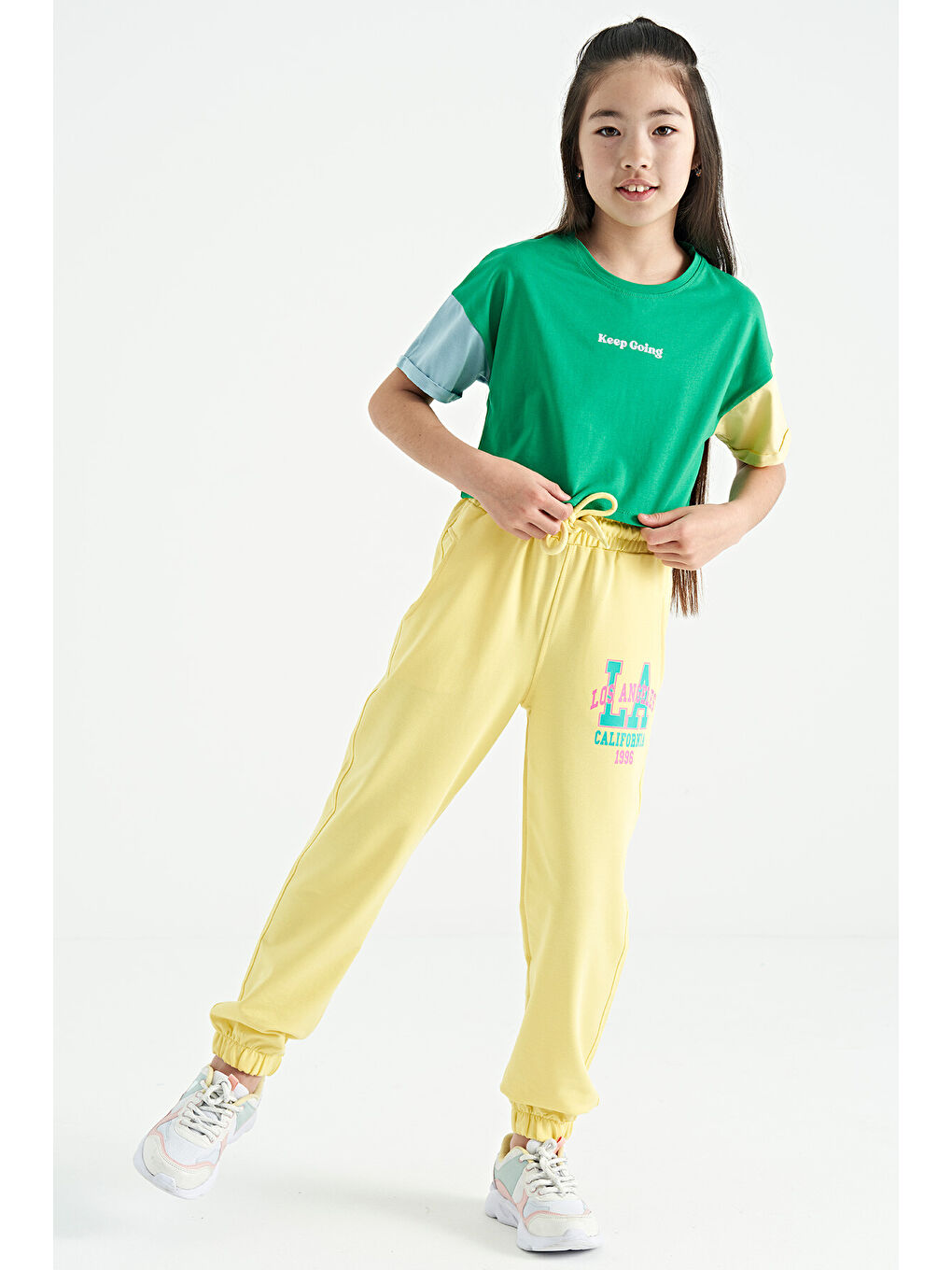 Sarı Limon Yazı Nakışlı Standart Kalıp Jogger Kız Çocuk Eşofman Alt - 75120-3