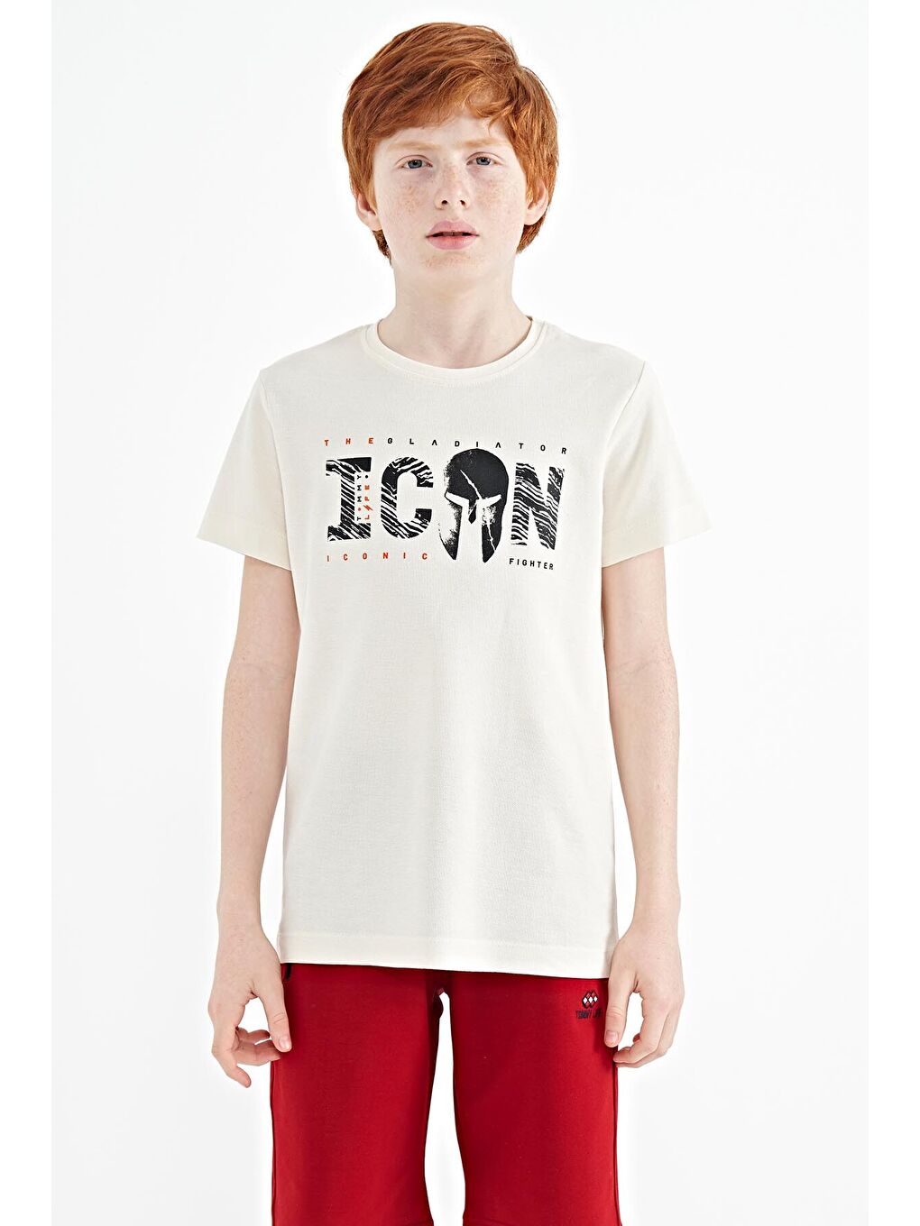 Ekru Ön Yazı Nakışlı O Yaka Standart Kalıp Erkek  Çocuk Tişört - 11118