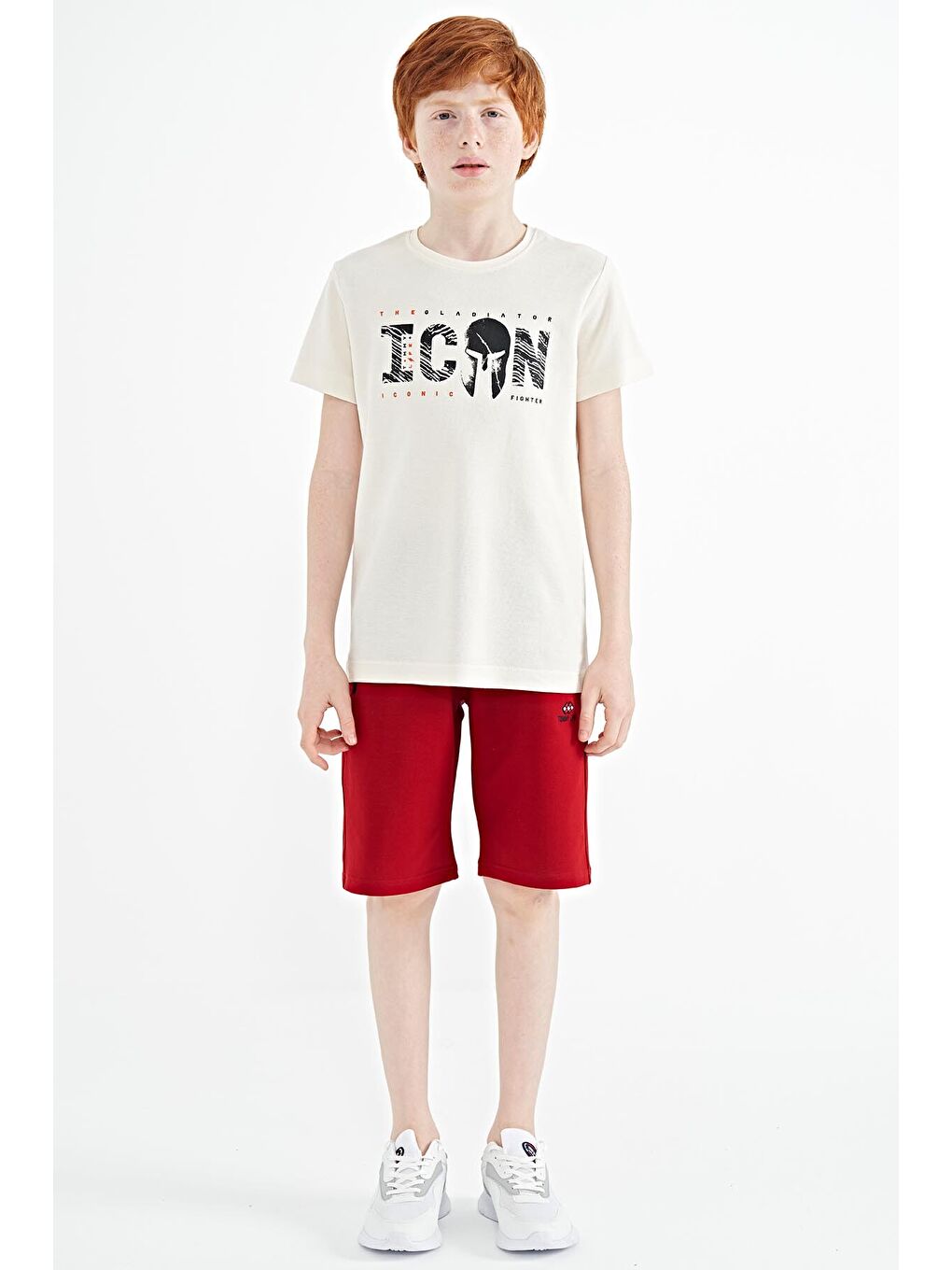 Ekru Ön Yazı Nakışlı O Yaka Standart Kalıp Erkek  Çocuk Tişört - 11118-1