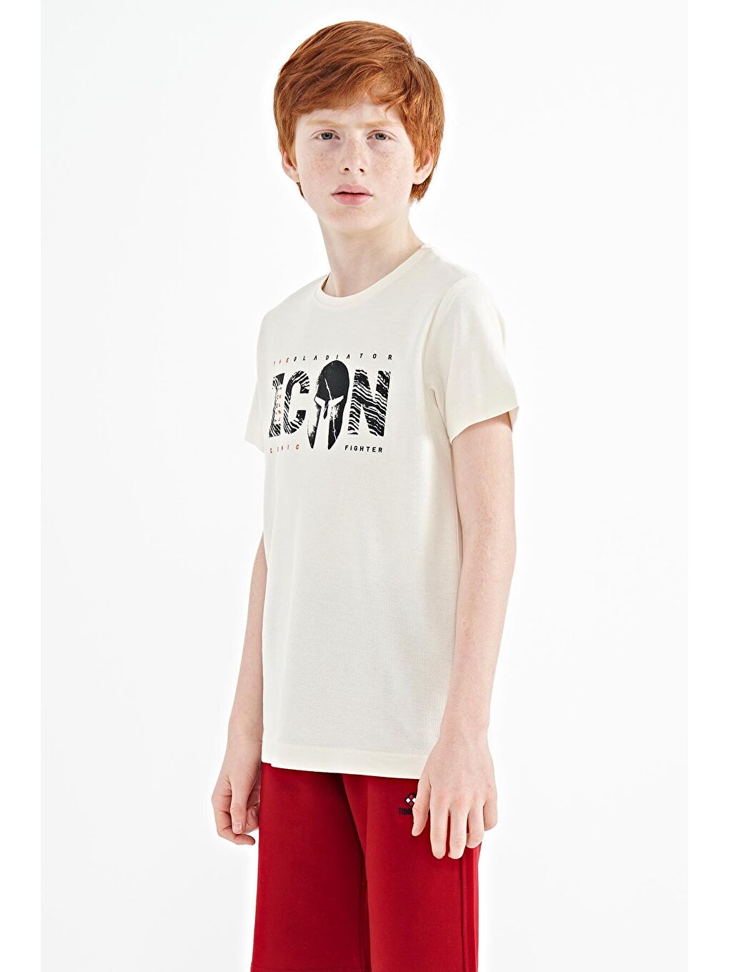 Ekru Ön Yazı Nakışlı O Yaka Standart Kalıp Erkek  Çocuk Tişört - 11118-3