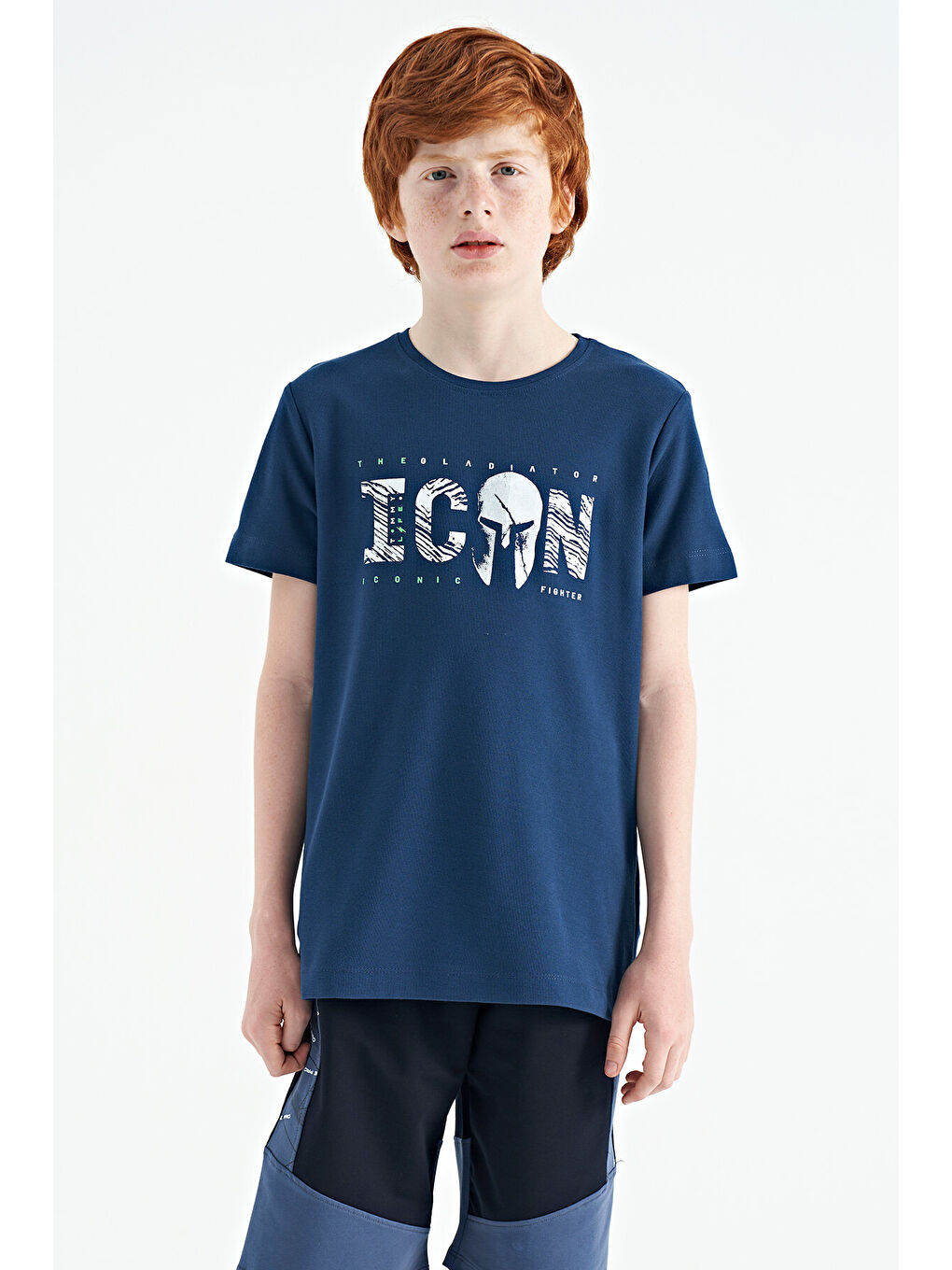 İndigo Ön Yazı Nakışlı O Yaka Standart Kalıp Erkek  Çocuk Tişört - 11118