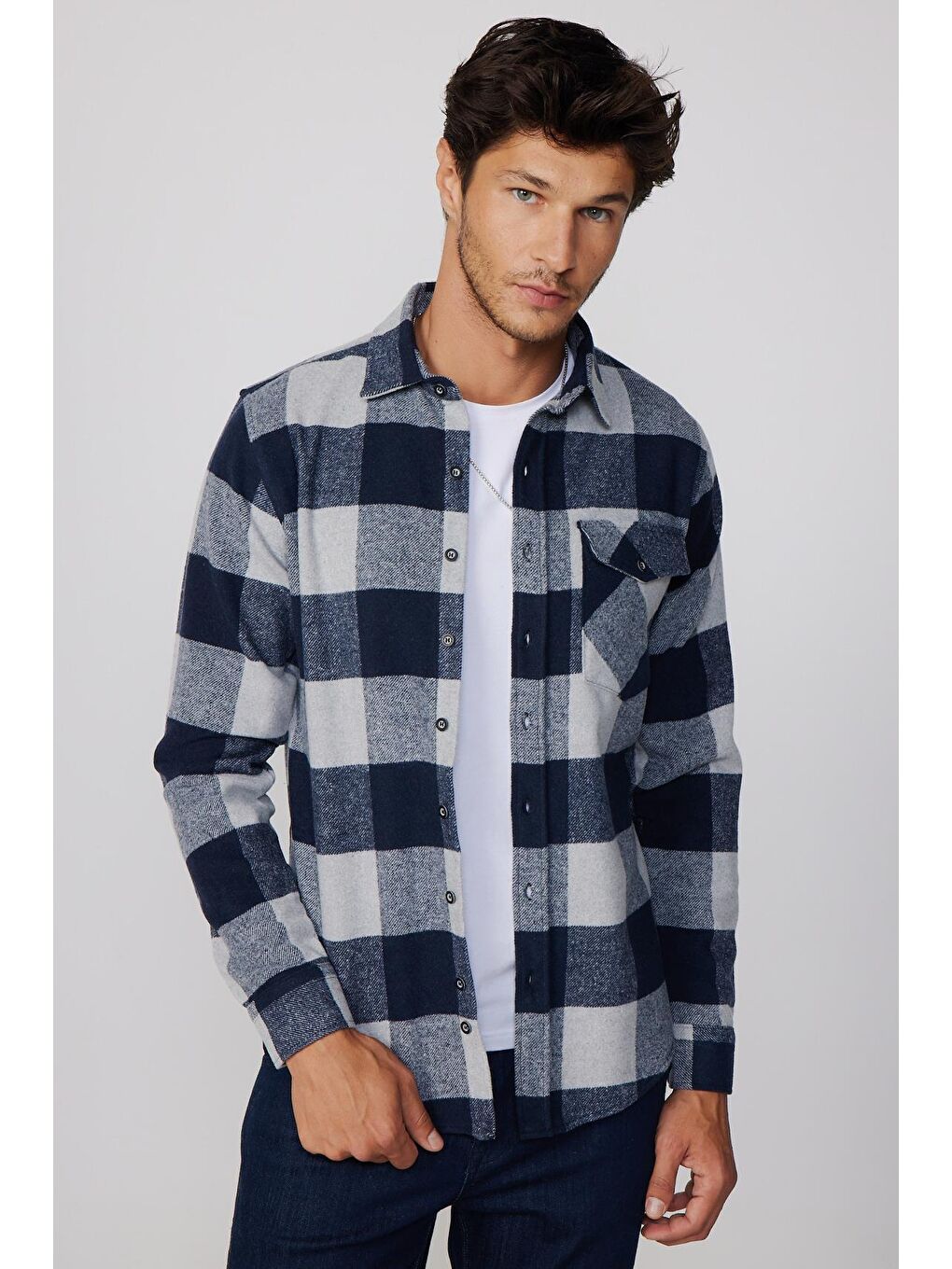 Karışık Slim Fit Kapaklı Cep Damalı Oduncu Erkek Gömlek