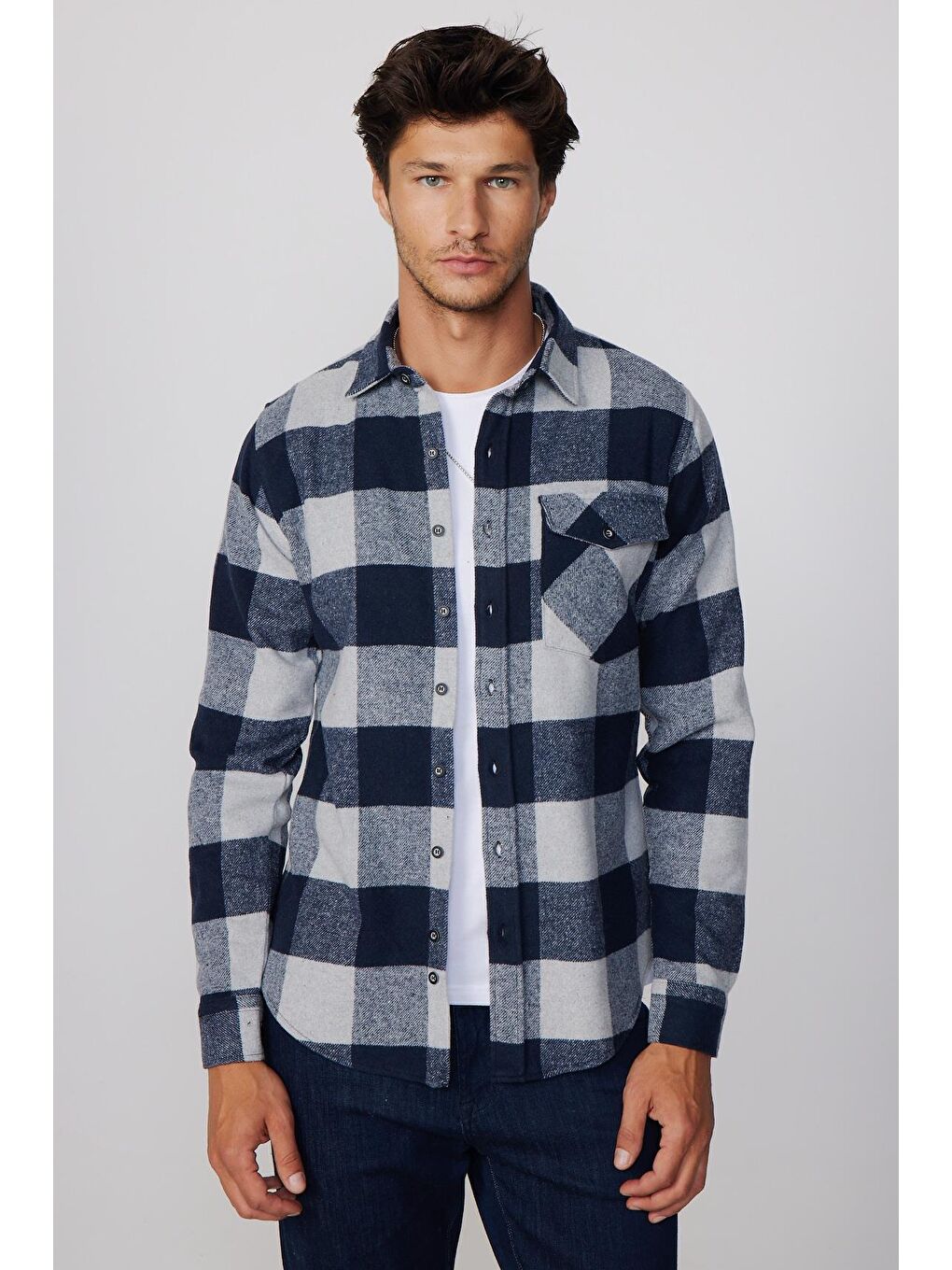 Karışık Slim Fit Kapaklı Cep Damalı Oduncu Erkek Gömlek-2