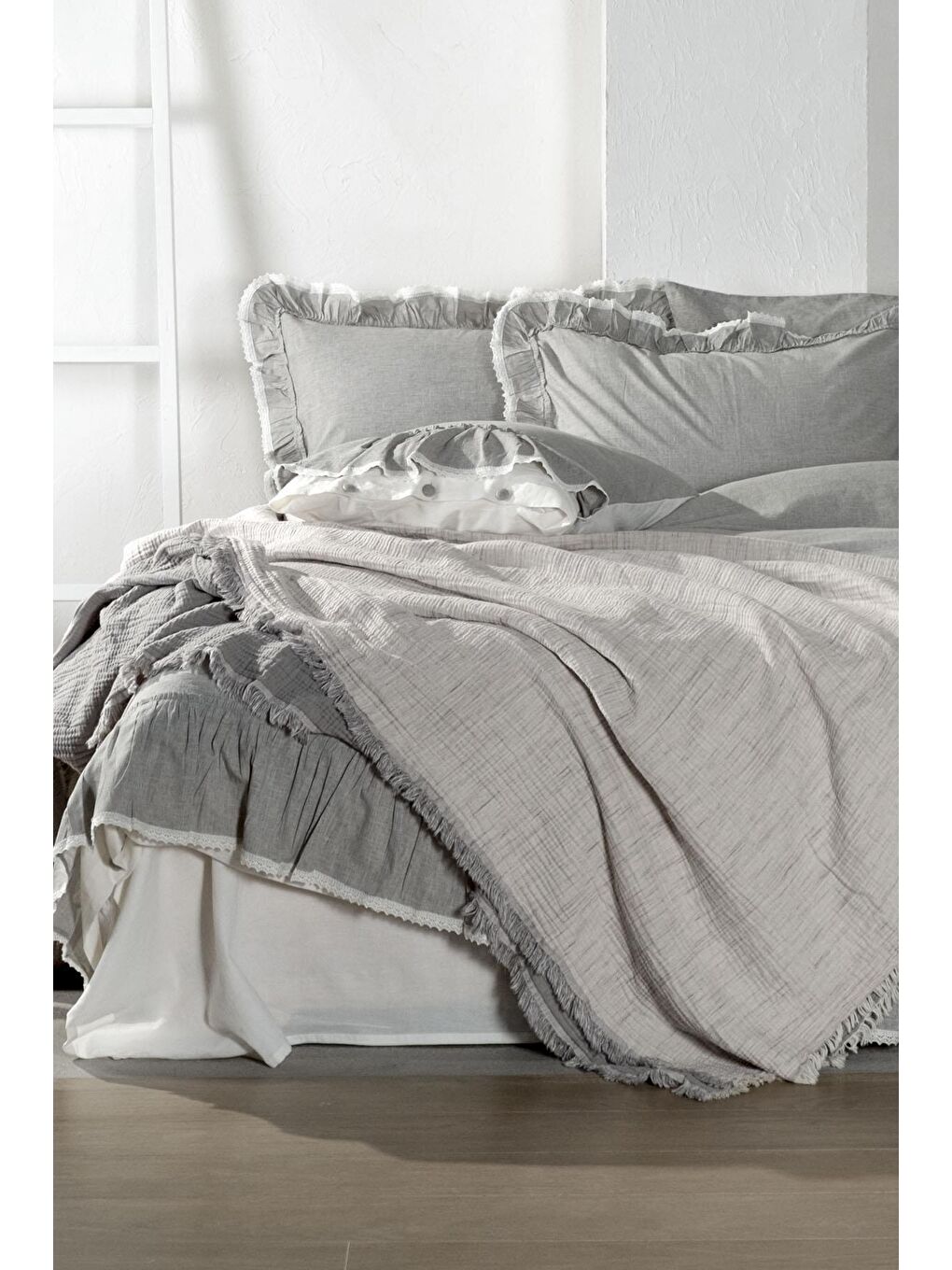 Gri Muna Tek Kişilik Yatak Örtüsü %100 Organik Pamuk Inject