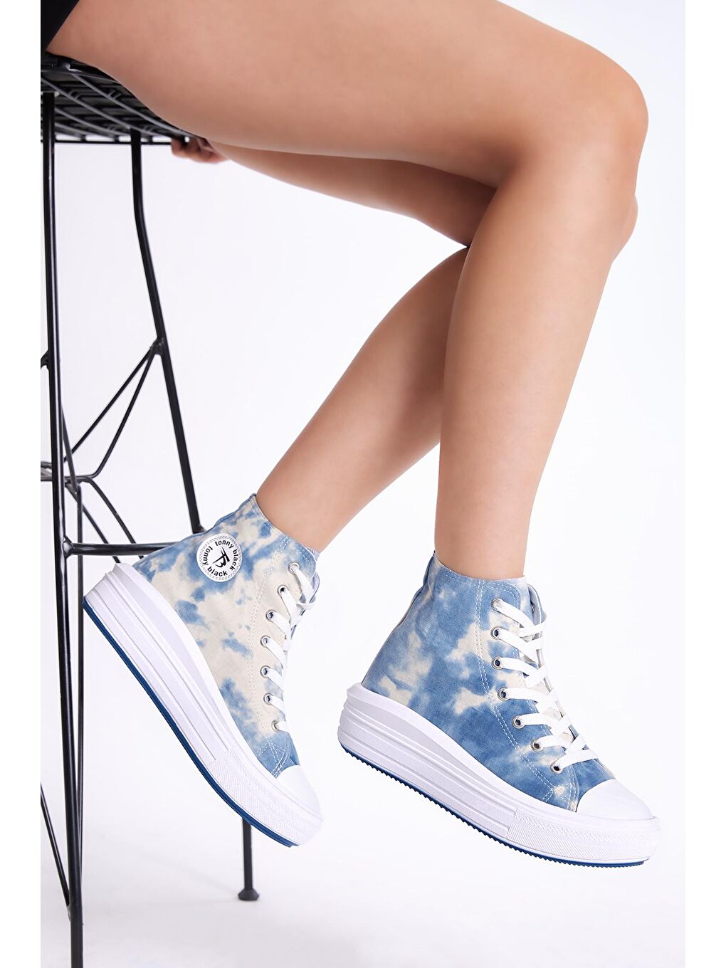 Kadın Mavi Rahat Kalıp Kalın Tabanlı Uzun Spor Ayakkabı-2