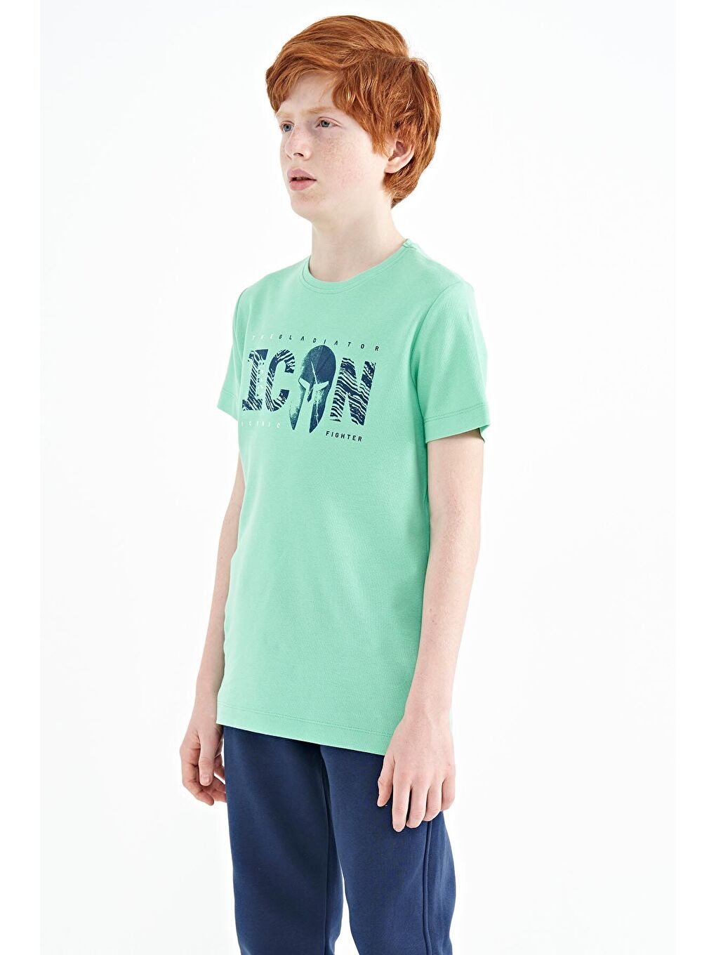 Turkuaz Su Yeşili Ön Yazı Nakışlı O Yaka Standart Kalıp Erkek  Çocuk Tişört - 11118-3