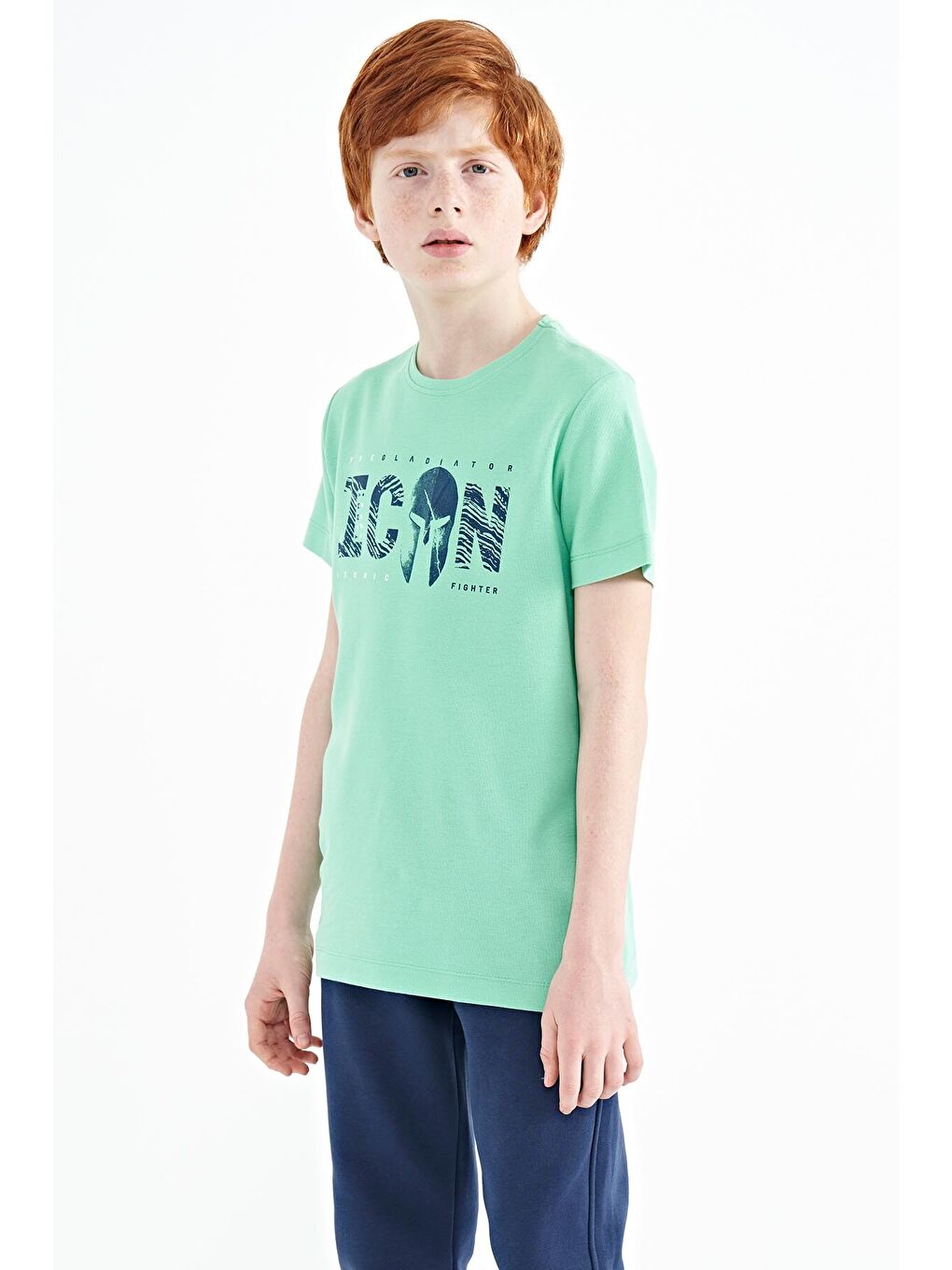 Turkuaz Su Yeşili Ön Yazı Nakışlı O Yaka Standart Kalıp Erkek  Çocuk Tişört - 11118-4