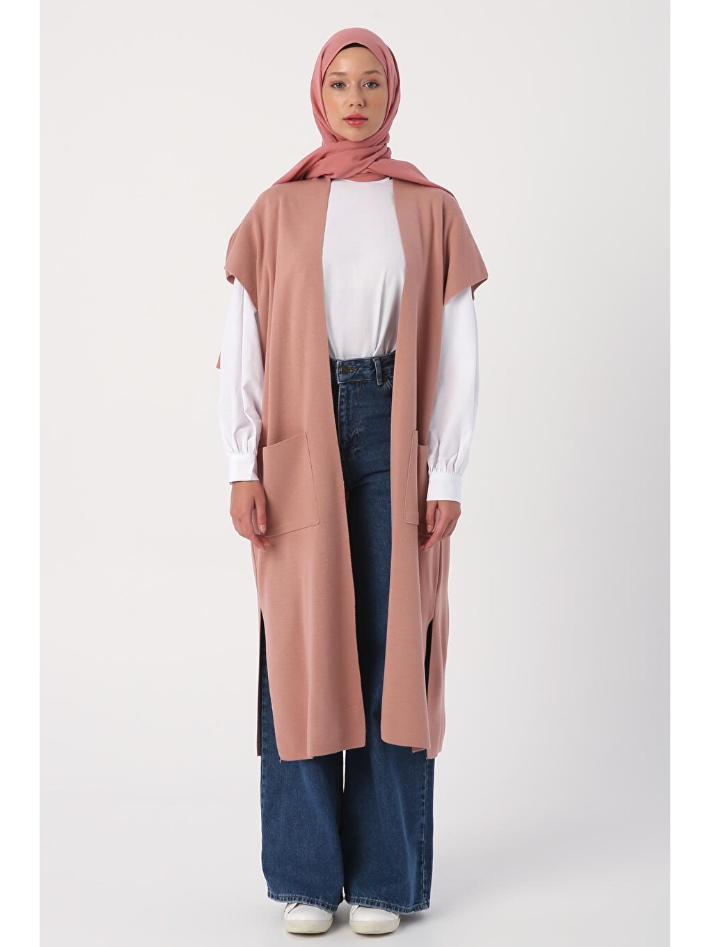 Pembe Açık Gül Cepli Uzun Triko Yelek-1