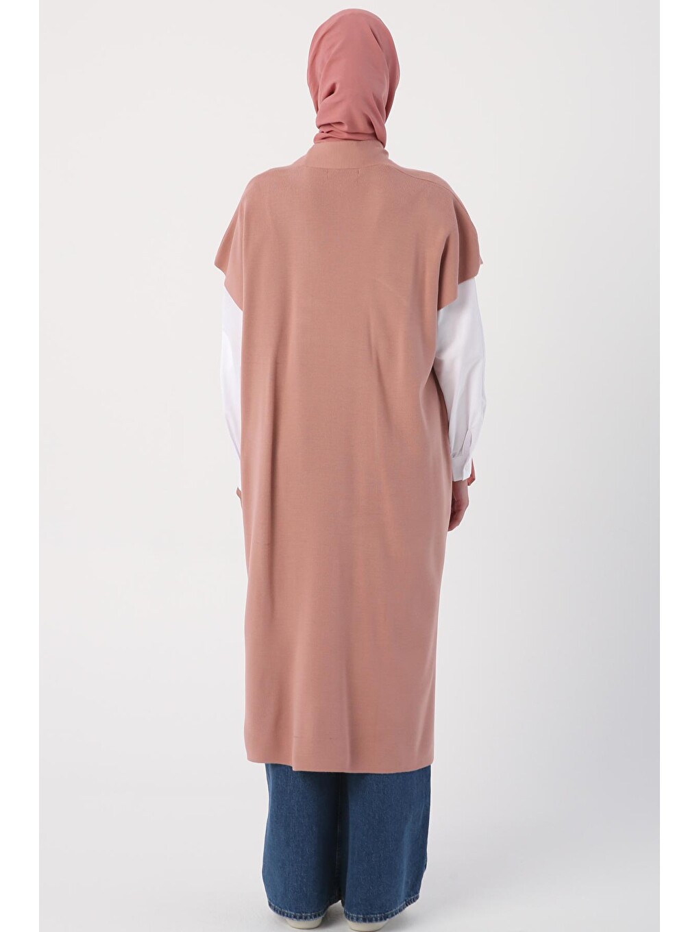 Pembe Açık Gül Cepli Uzun Triko Yelek-3