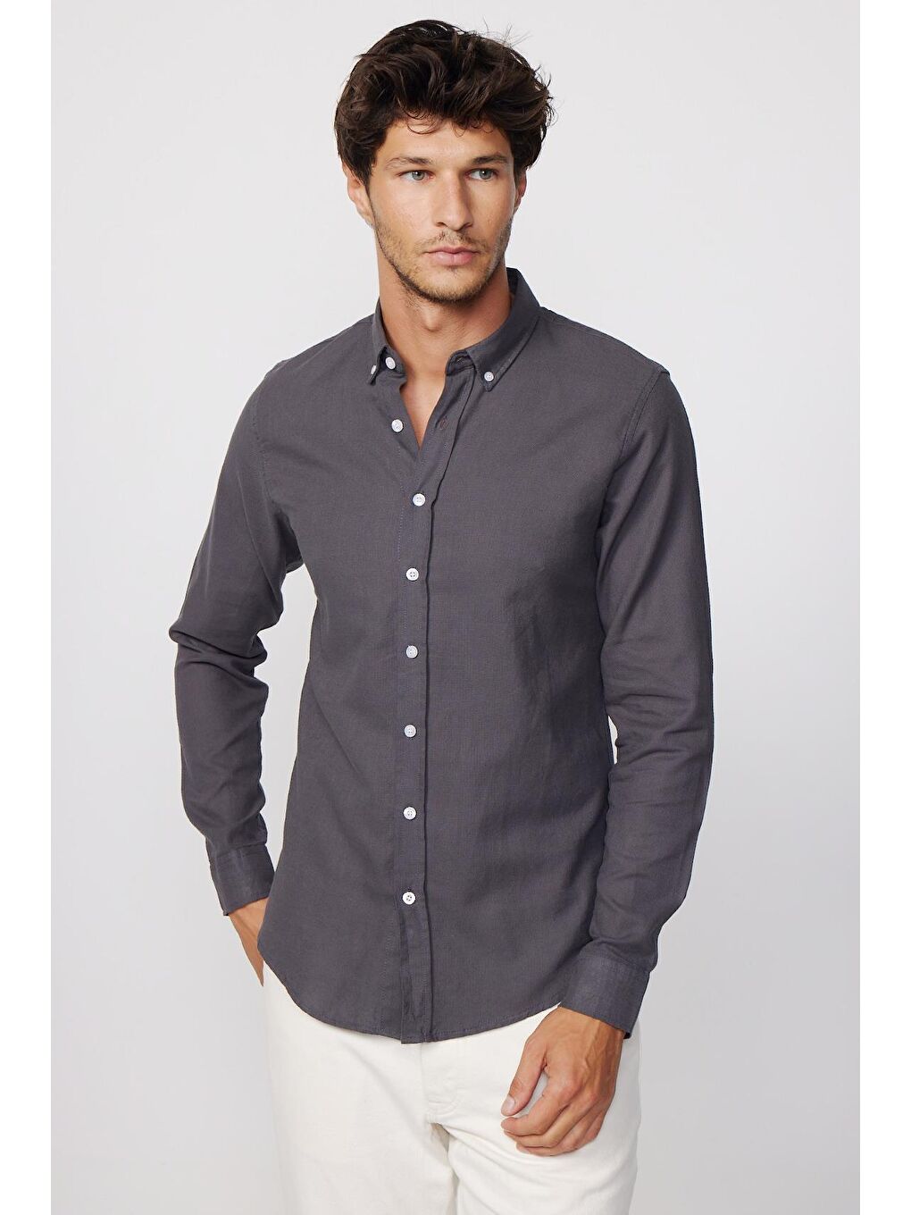 Slim Fit Uzun Kol Biyeli Yaka Düğmeli Keten Gri Erkek Gömlek