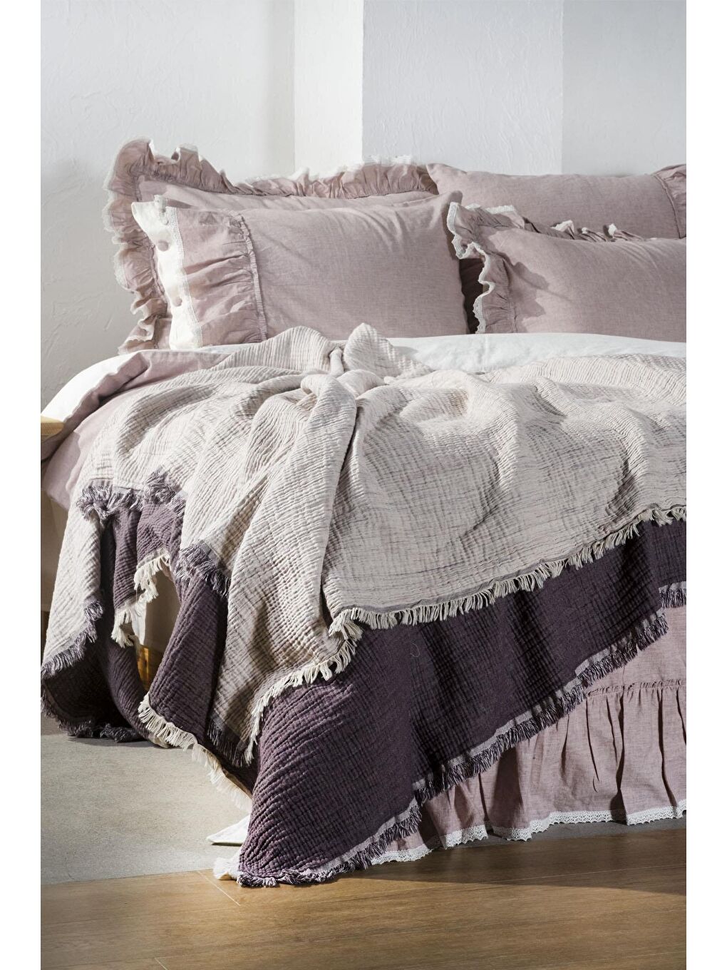 Mor Muna Tek Kişilik Yatak Örtüsü %100 Organik Pamuk Inject-1