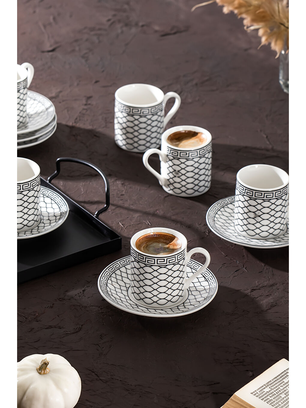 Siyah Yx06 Desenli Porselen Fincan Takımı - Türk Kahvesi 6 Kişilik 90 Cc-1