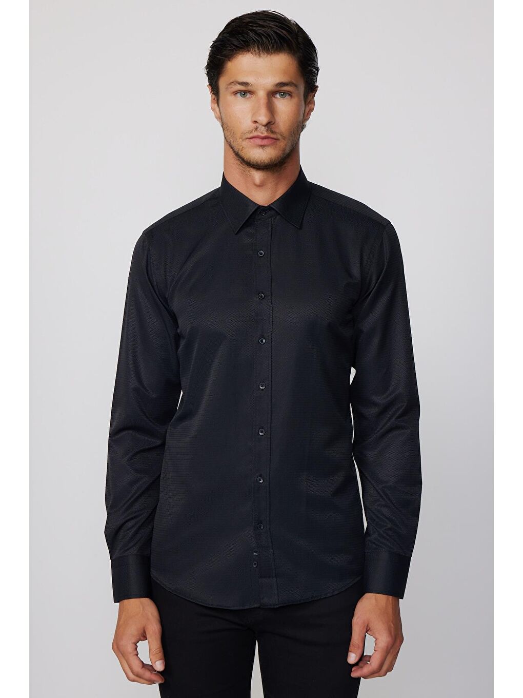 Modern Fit Armürlü Kravatlık Siyah Erkek Gömlek-1