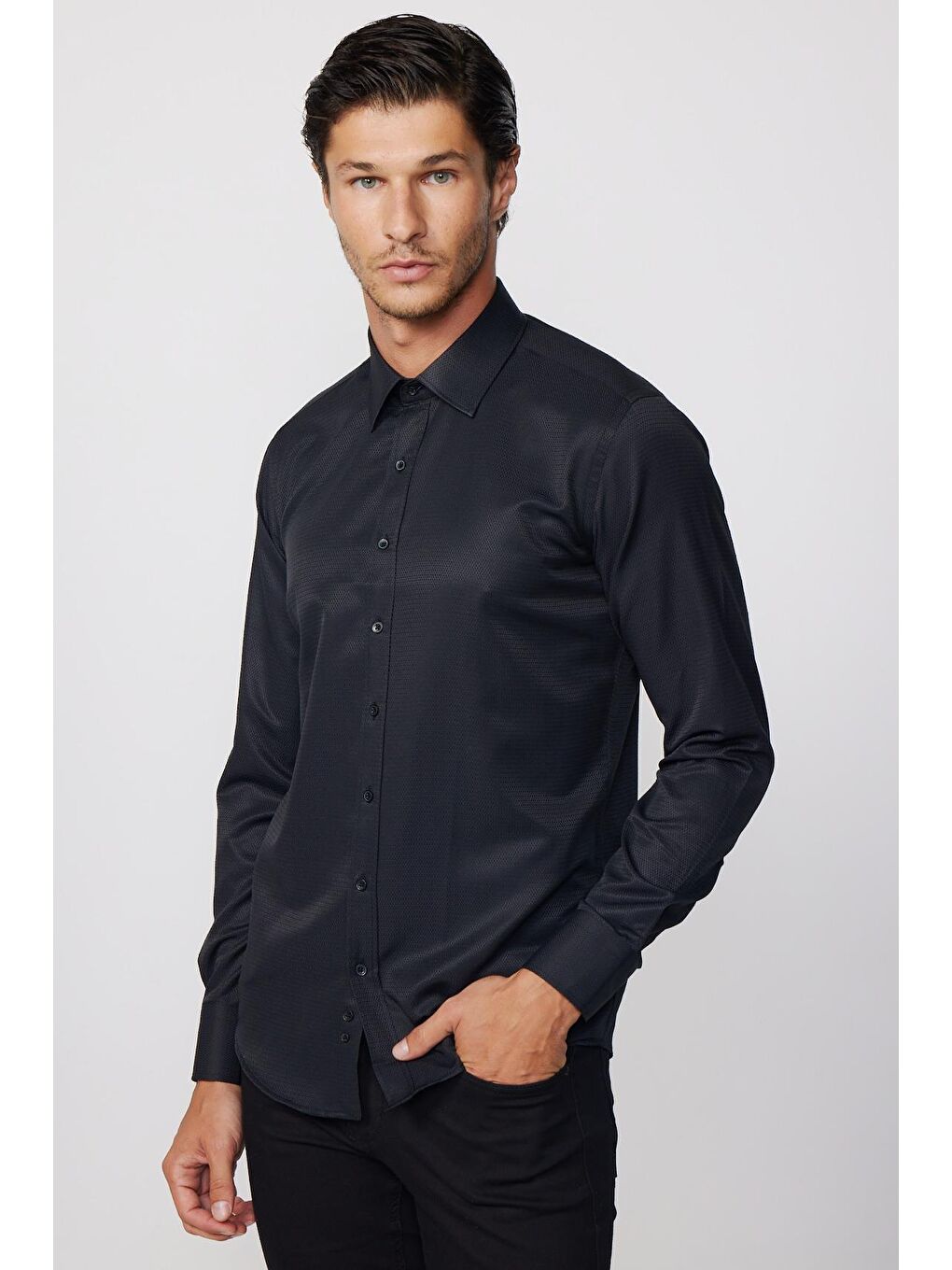 Modern Fit Armürlü Kravatlık Siyah Erkek Gömlek-2