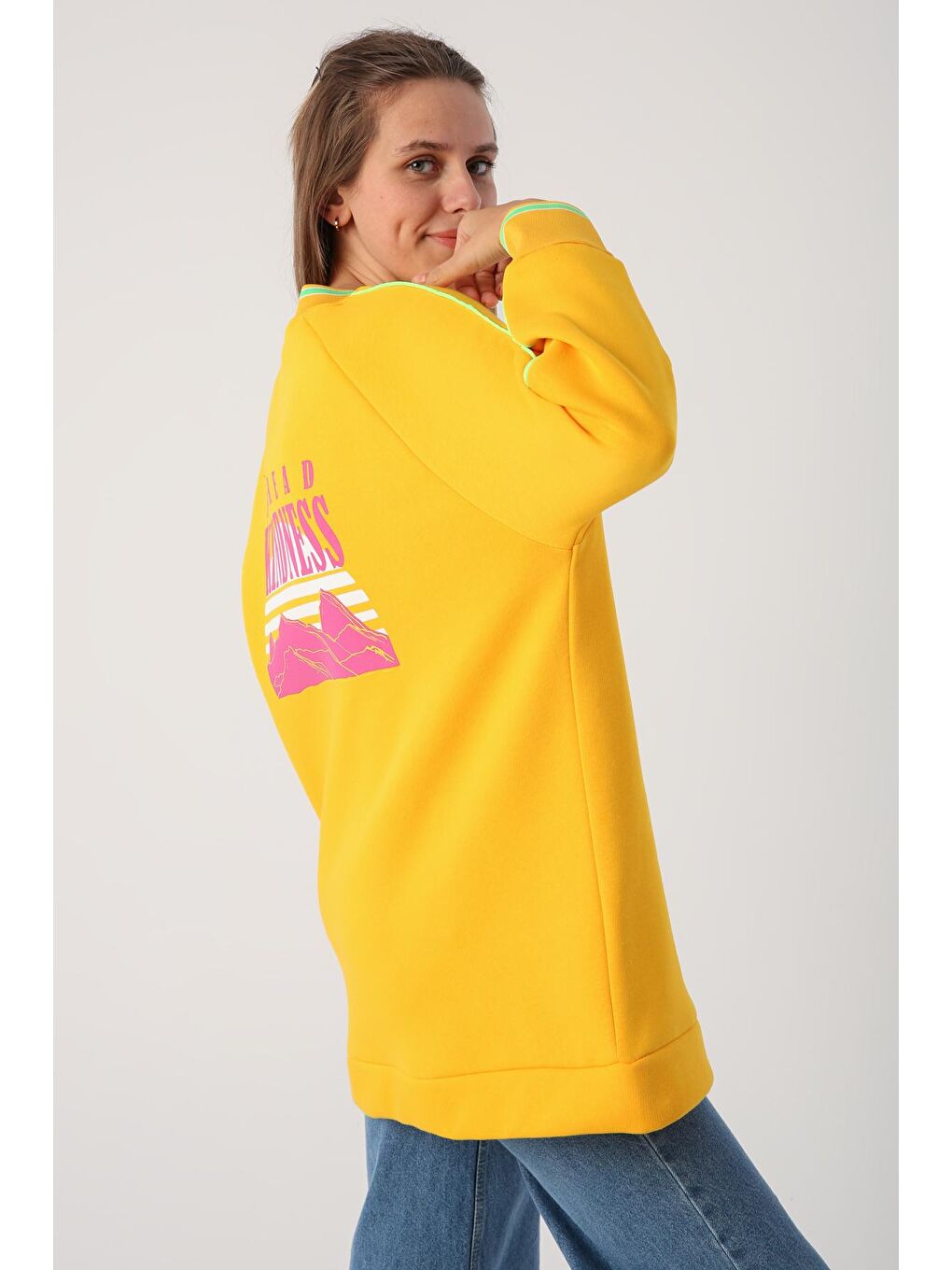 ALLDAY Koyu Sarı Oversize Neon Detaylı Arkası Baskılı Şardonlu Sweatshirt