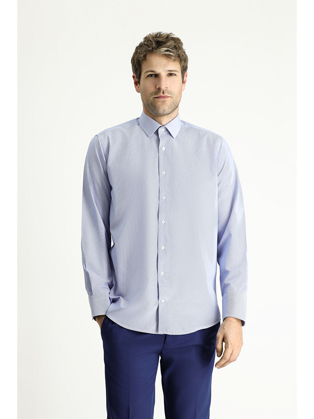 Lacivert Uzun Kol Klasik Çizgili Pamuklu Kolay Ütülenebilir Gömlek-2