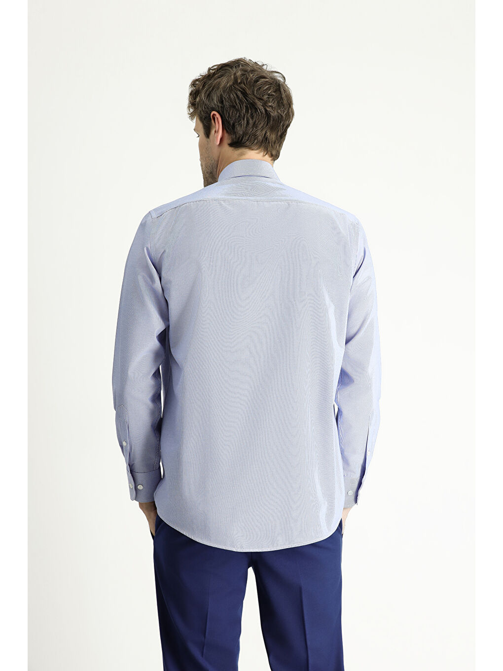 Lacivert Uzun Kol Klasik Çizgili Pamuklu Kolay Ütülenebilir Gömlek-3