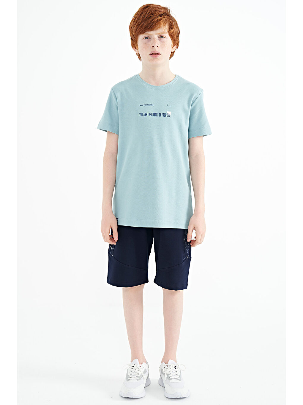 Açık Mavi Baskı Detaylı O Yaka Standart Kalıp Erkek  Çocuk Tişört - 11117-1