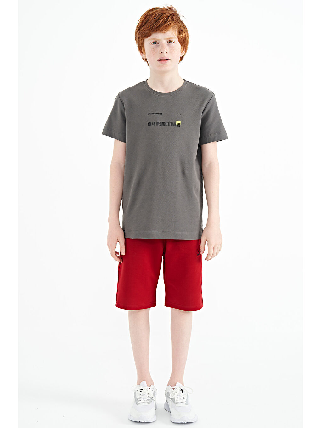 Koyu Gri Baskı Detaylı O Yaka Standart Kalıp Erkek  Çocuk Tişört - 11117-1