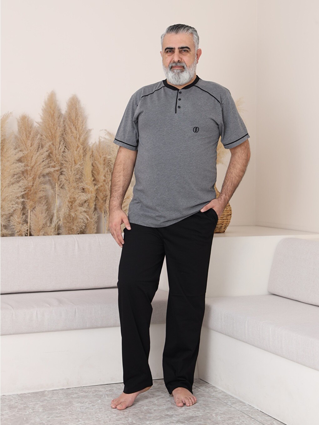 Antrasit Premıum Erkek %100 Doğal Pamuk Biyeli Yüksek Kaliteli Düğmeli Kısa Kollu Battal Pijama Takımı-2