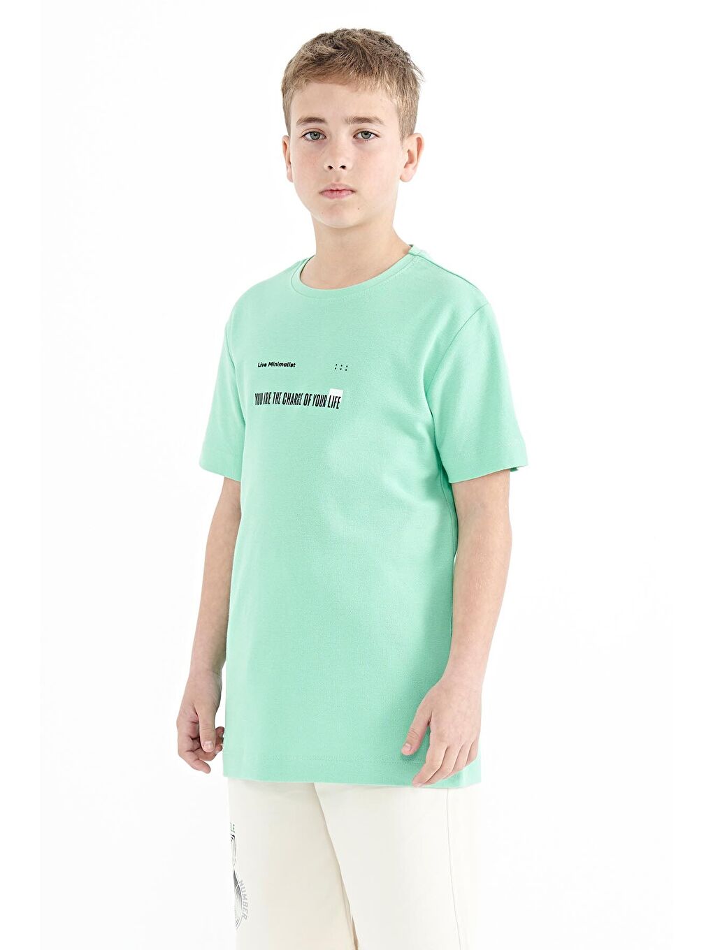 Turkuaz Su Yeşili Baskı Detaylı O Yaka Standart Kalıp Erkek  Çocuk Tişört - 11117-4