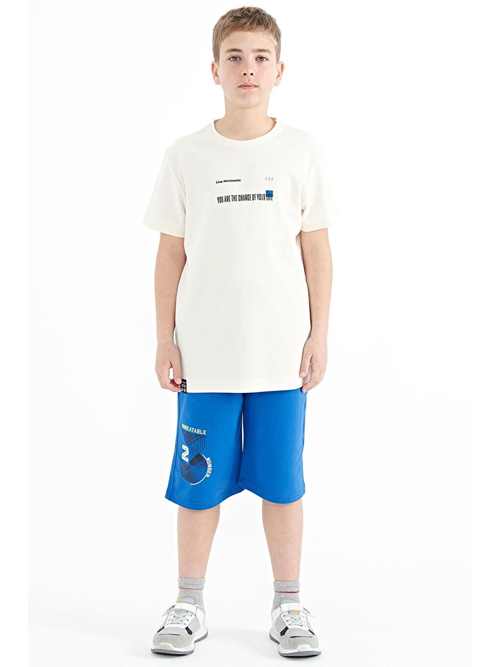 Ekru Baskı Detaylı O Yaka Standart Kalıp Erkek  Çocuk Tişört - 11117-1