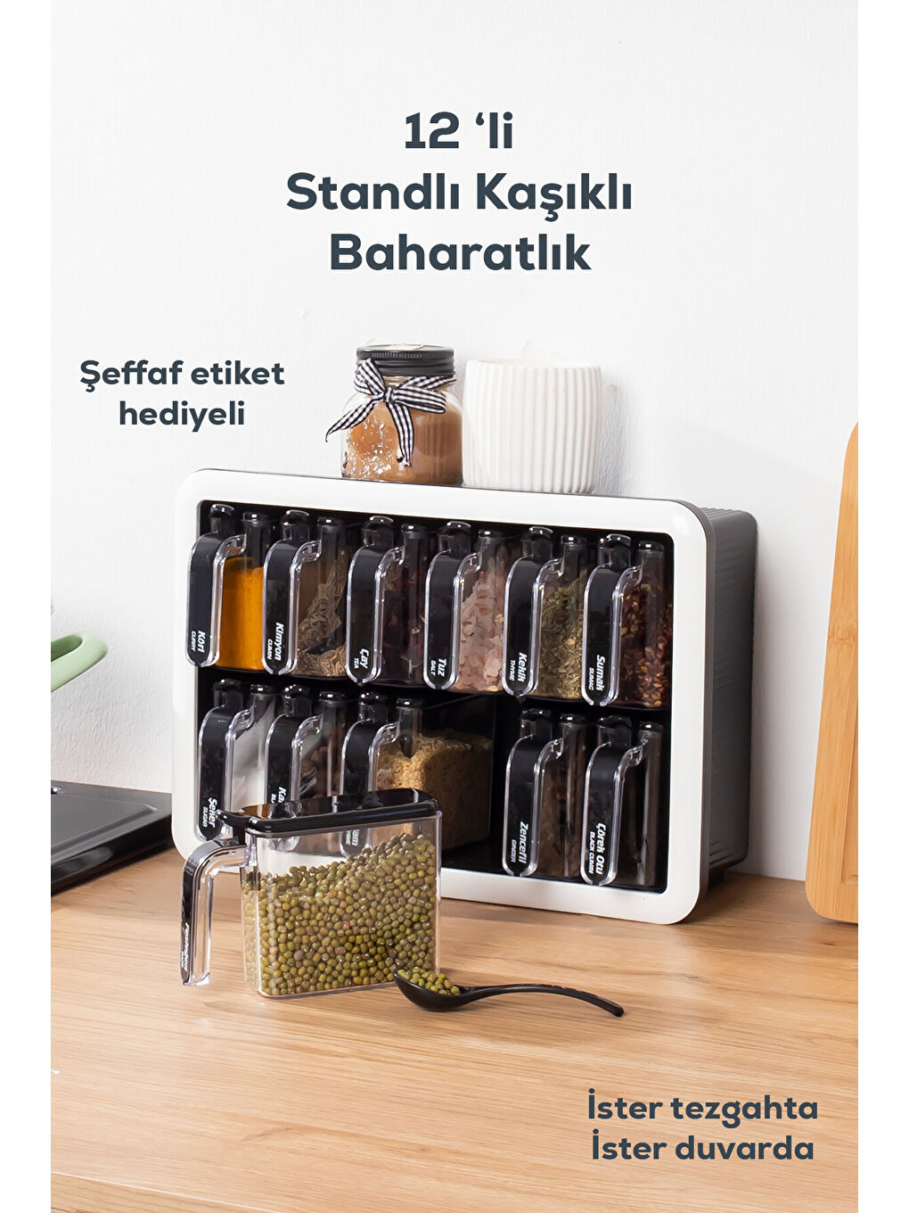 Siyah 1041 Standlı 12 li Kendinden Yapışkanlı Kaşıklı Kapaklı Baharatlık Takımı