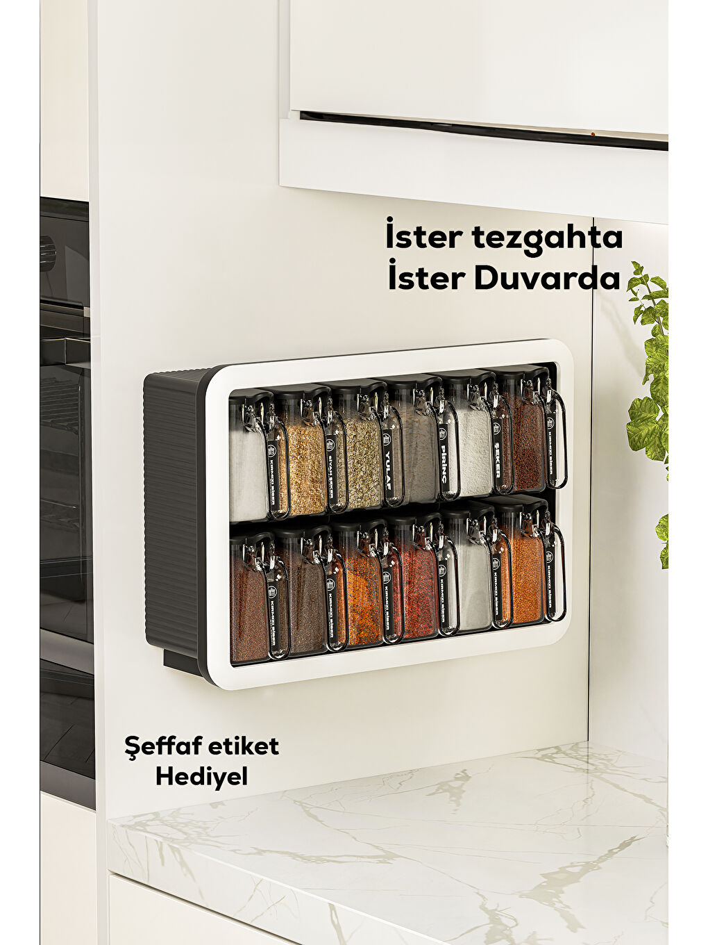 Siyah 1041 Standlı 12 li Kendinden Yapışkanlı Kaşıklı Kapaklı Baharatlık Takımı-1