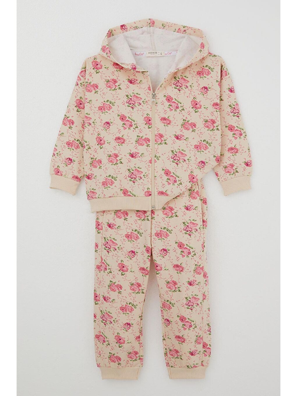 Ekru Kız Çocuk Eşofman Takımı Çiçek Desenli Kapüşonlu Krem (1.5-4 Yaş)-2