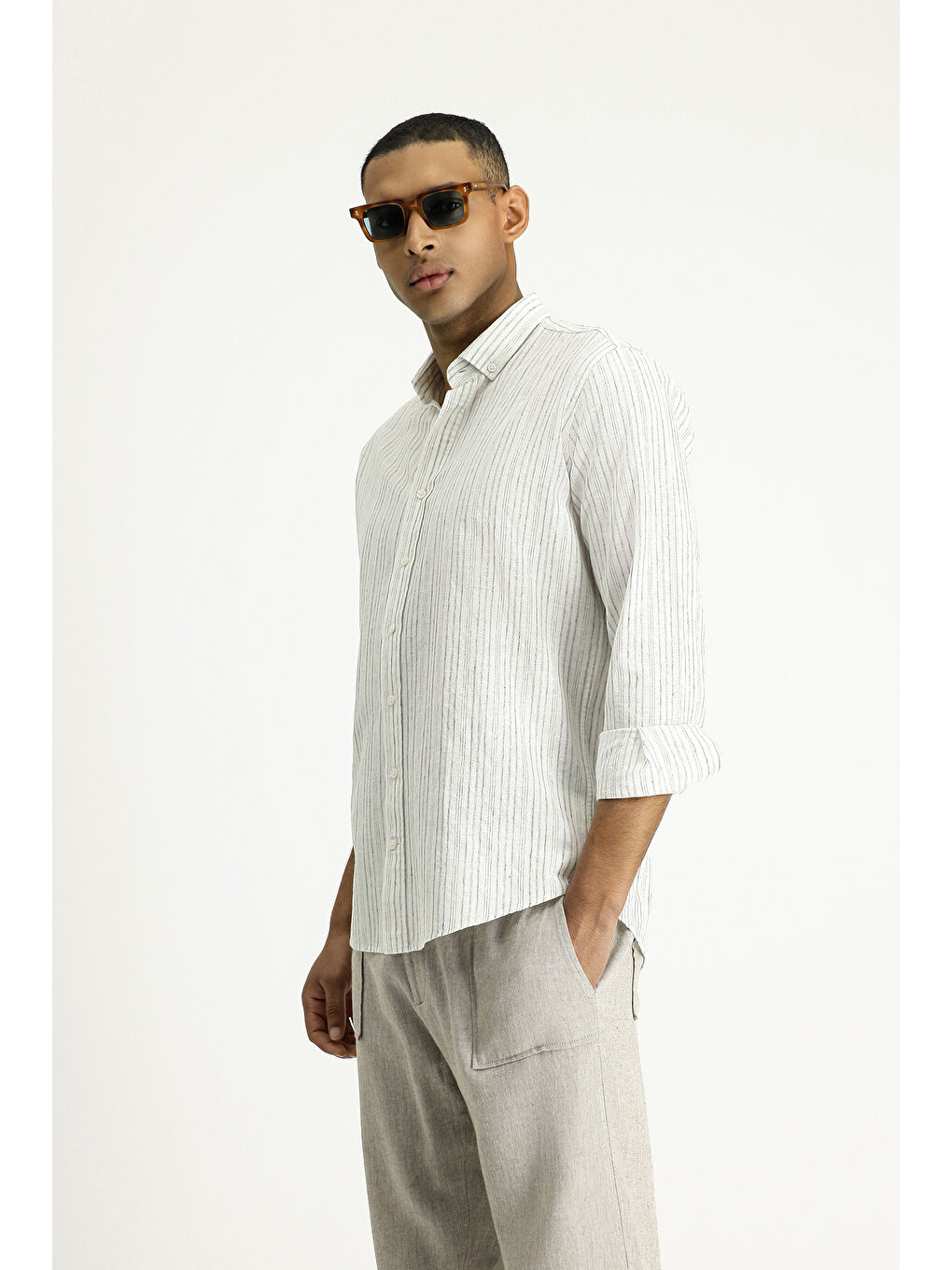 Gri Uzun Kol Slim Fit Dar Kesim Çizgili Spor Keten Karışımlı Pamuklu Düğmeli Yaka Gömlek-3