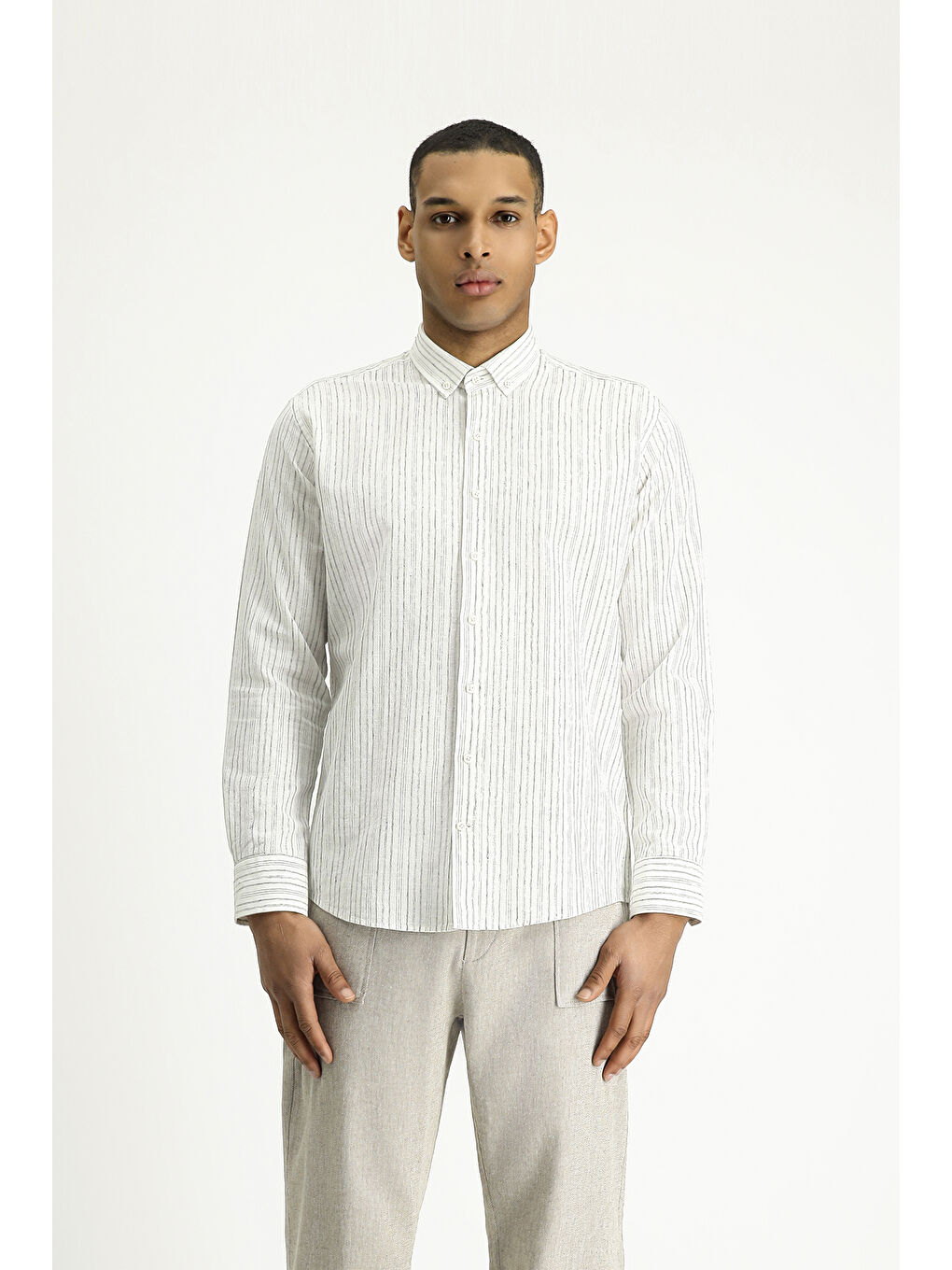 Gri Uzun Kol Slim Fit Dar Kesim Çizgili Spor Keten Karışımlı Pamuklu Düğmeli Yaka Gömlek-4