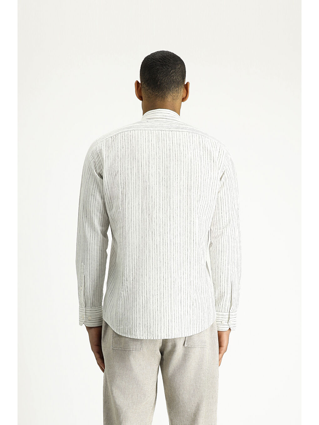 Gri Uzun Kol Slim Fit Dar Kesim Çizgili Spor Keten Karışımlı Pamuklu Düğmeli Yaka Gömlek-5